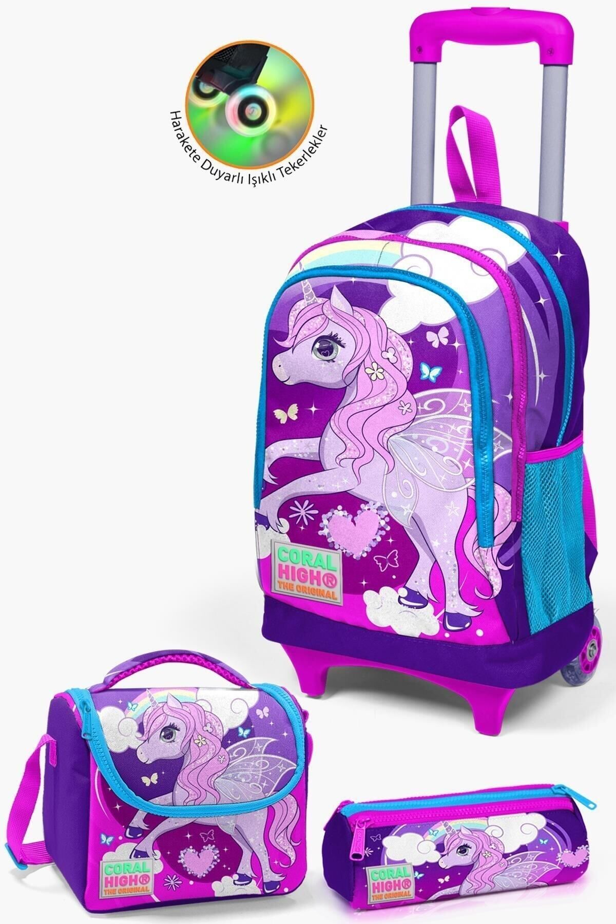 Kids Lacivert Civit Robot Desenli Çekçekli 3'lü Çanta Seti SET0123380 Mor Pembe