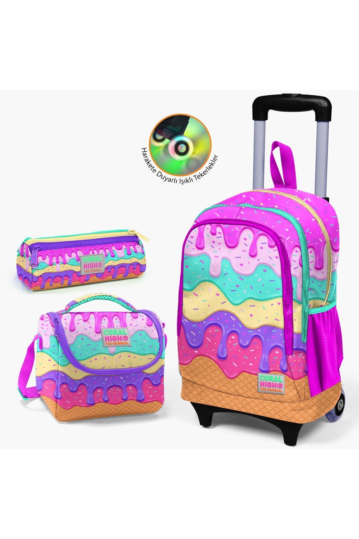 Kids Lacivert Civit Robot Desenli Çekçekli 3'lü Çanta Seti SET0123380 Pembe Rengarenk