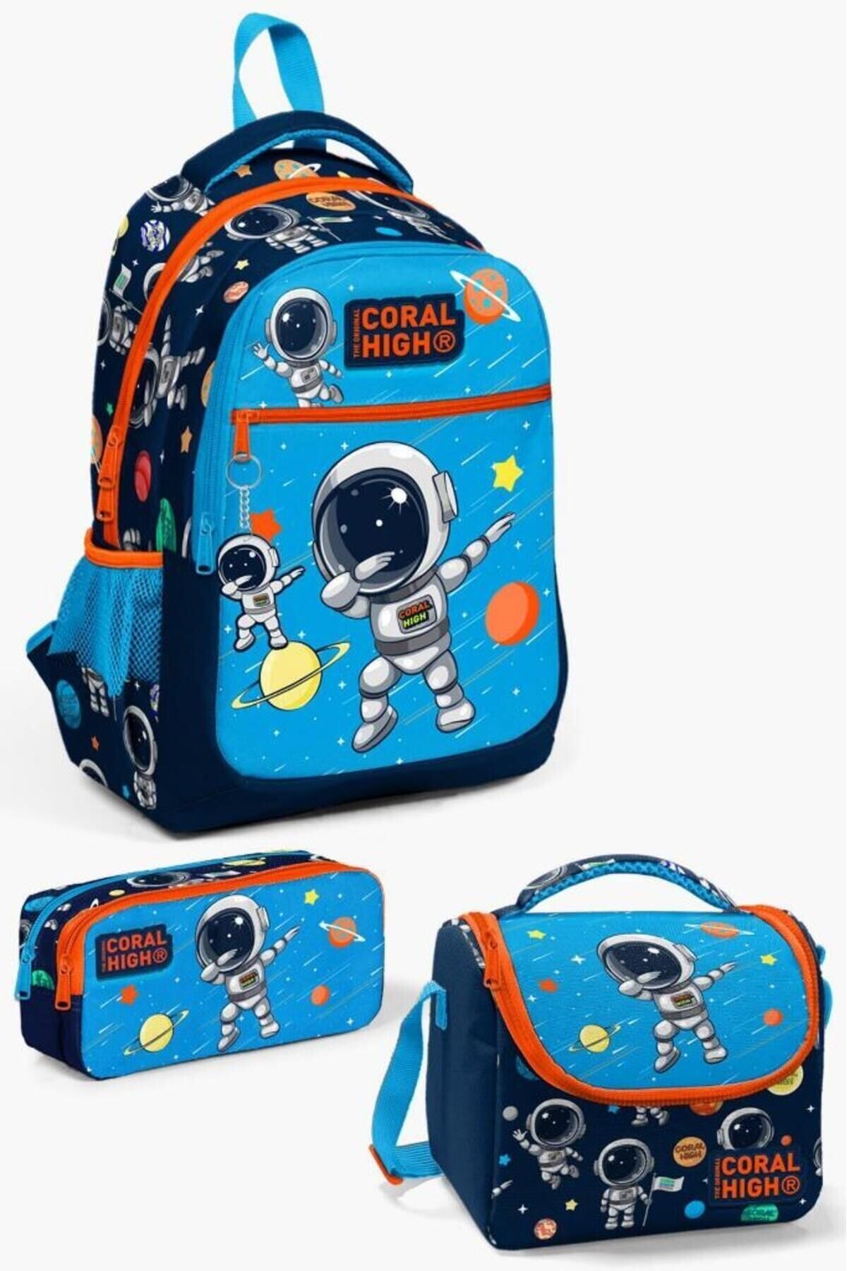 Kids Mor Su Yeşili Unicorn Desenli 3’lü Okul Çanta Seti SET0123487 Lacivert Mavi Astronot