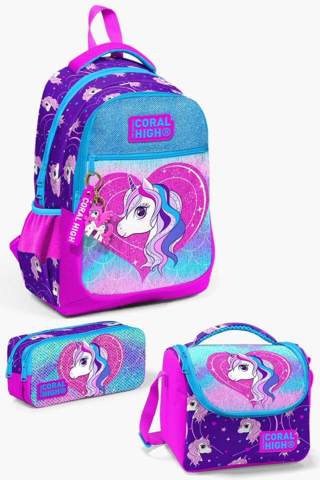 Kids Mor Su Yeşili Unicorn Desenli 3’lü Okul Çanta Seti SET0123487 Koyu Pembe Mor