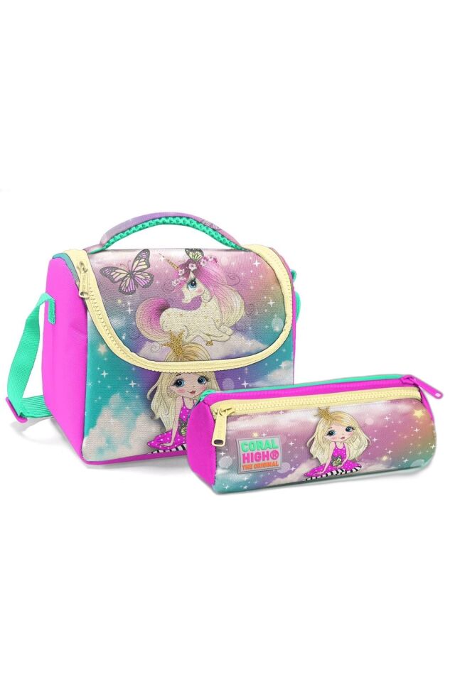 Kids Mor Pembe Su Yeşili Pembe Unicorn Desenli Thermo Beslenme Ve Kalem Çantası