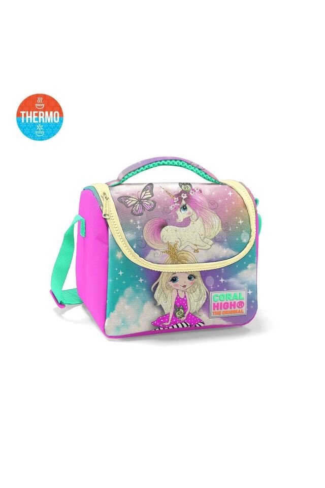 Kids Mor Pembe Su Yeşili Pembe Unicorn Desenli Thermo Beslenme Ve Kalem Çantası
