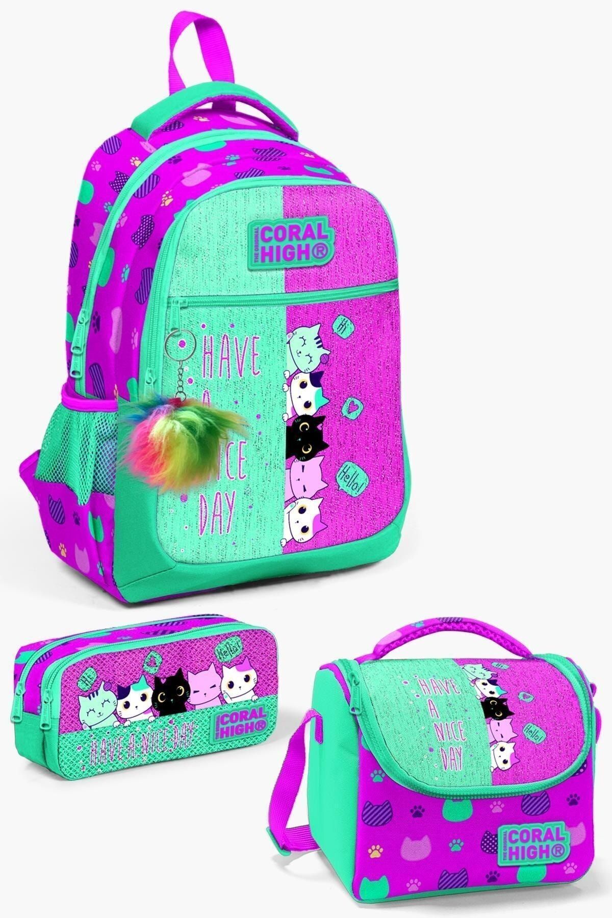 Kids Mor Su Yeşili Unicorn Desenli 3’lü Okul Çanta Seti SET0123487 Pembe Yeşil
