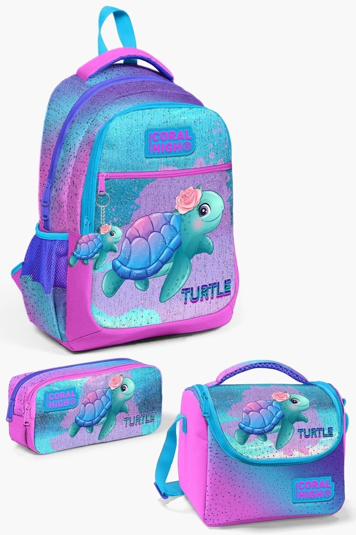 Kids Mor Su Yeşili Unicorn Desenli 3’lü Okul Çanta Seti SET0123487 Açık Pembe Mavi