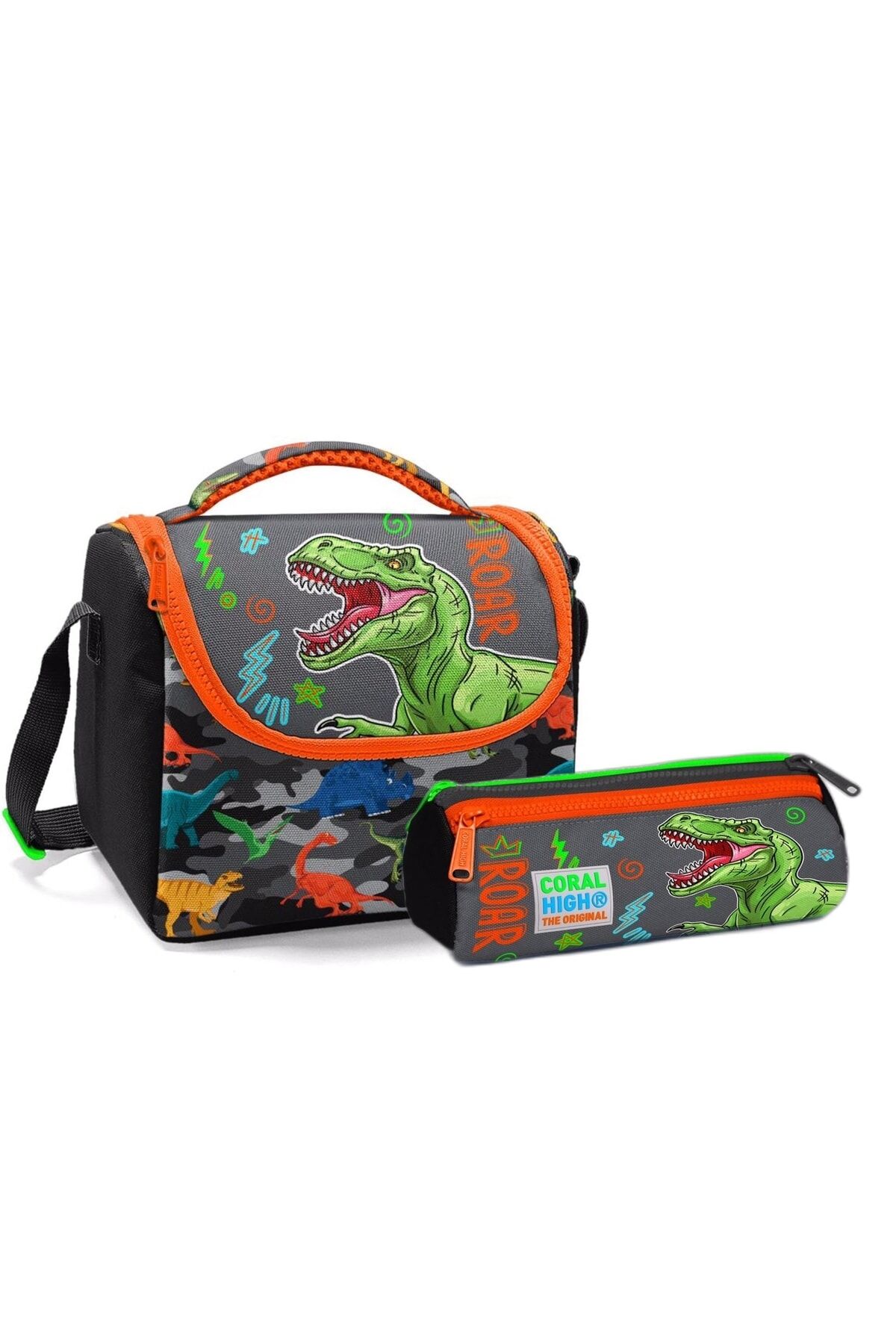 Kids Mor Pembe Siyah Gri Dinozor Desenli Thermo Beslenme Ve Kalem Çantası