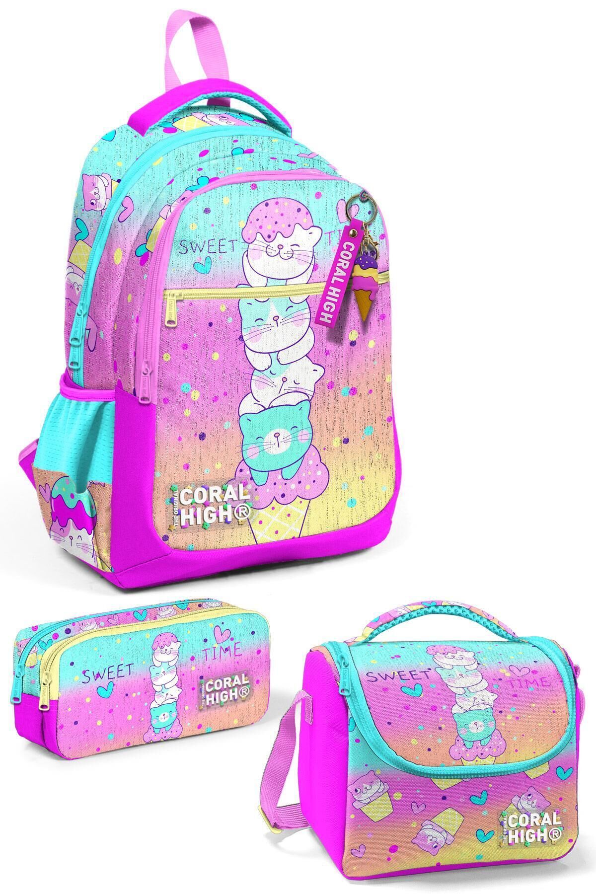 Kids Renkli Dondurmalı Kedi Desenli 3’lü Okul Çanta Seti SET0123648 Koyu Pembe Mavi