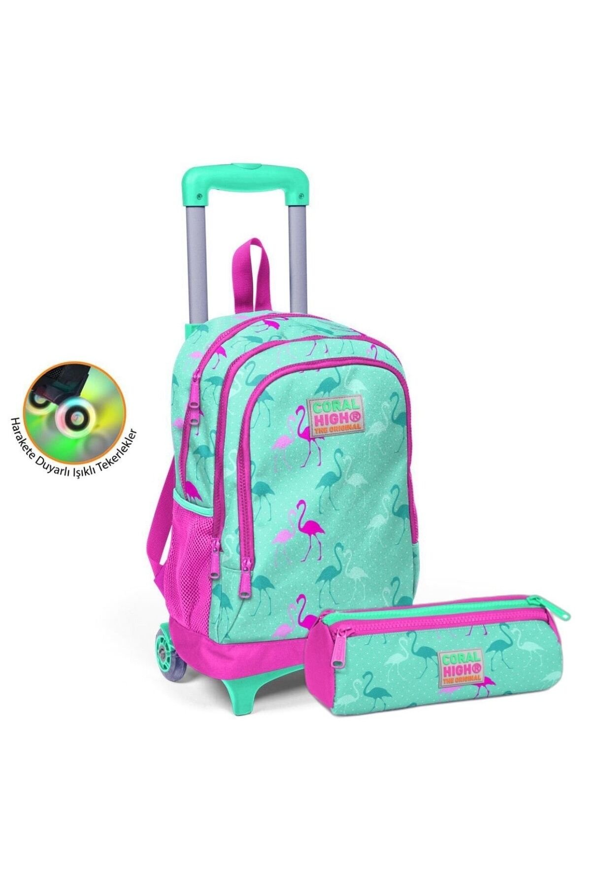 Kids Su Yeşili Neon Pembe Flamingo Desenli Çekçekli Çanta Seti (çanta-kalemlik)