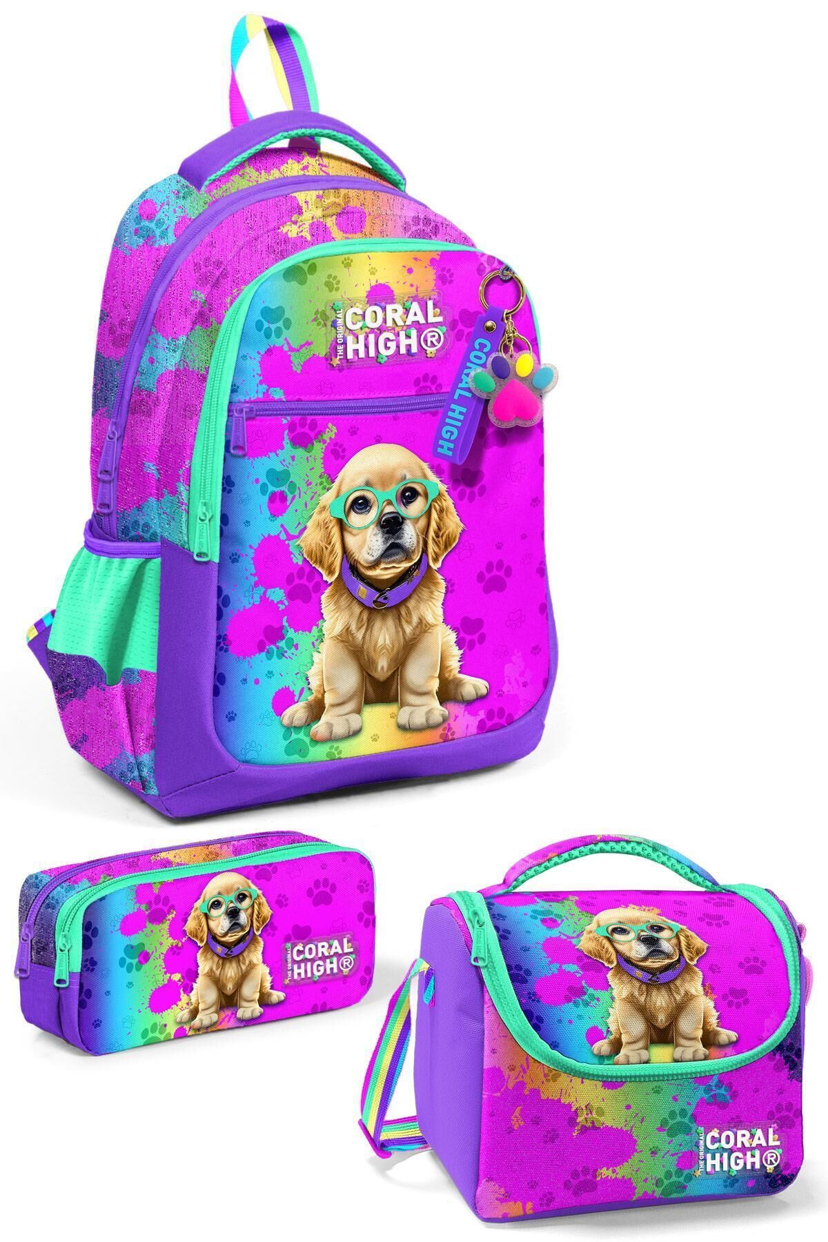 Kids Renkli Dondurmalı Kedi Desenli 3’lü Okul Çanta Seti SET0123648 Pembe Yeşil