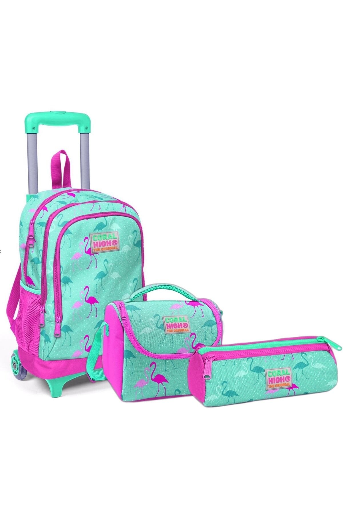 Kids Su Yeşili Neon Pembe Flamingo Desenli Çekçekli Çanta Seti (çanta-beslenme-kalemlik)