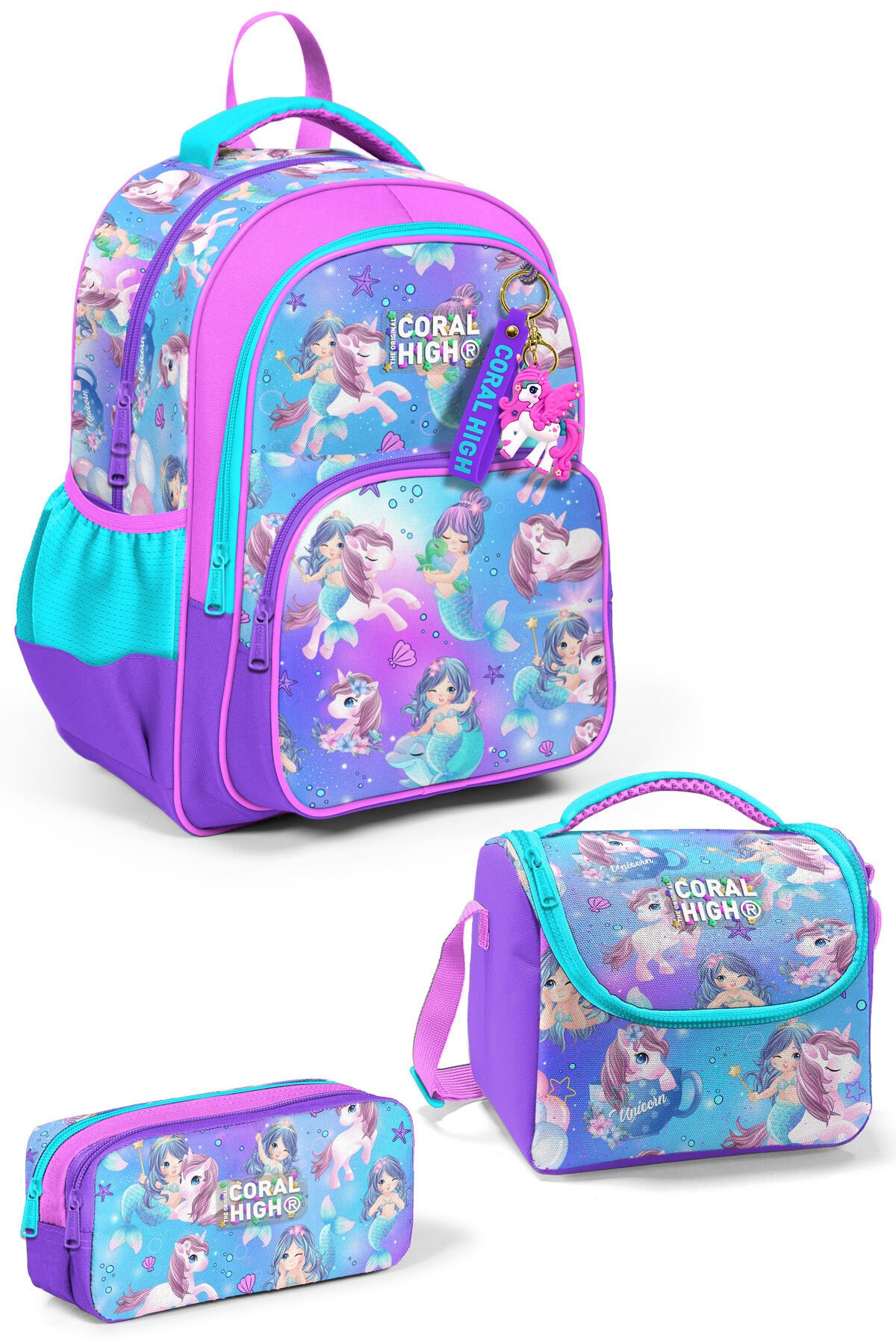 Kids Mor Pembe Unicorn Deniz Kızı Desenli 3'lü Okul Çanta Seti SET0123657 Pembe Renkli