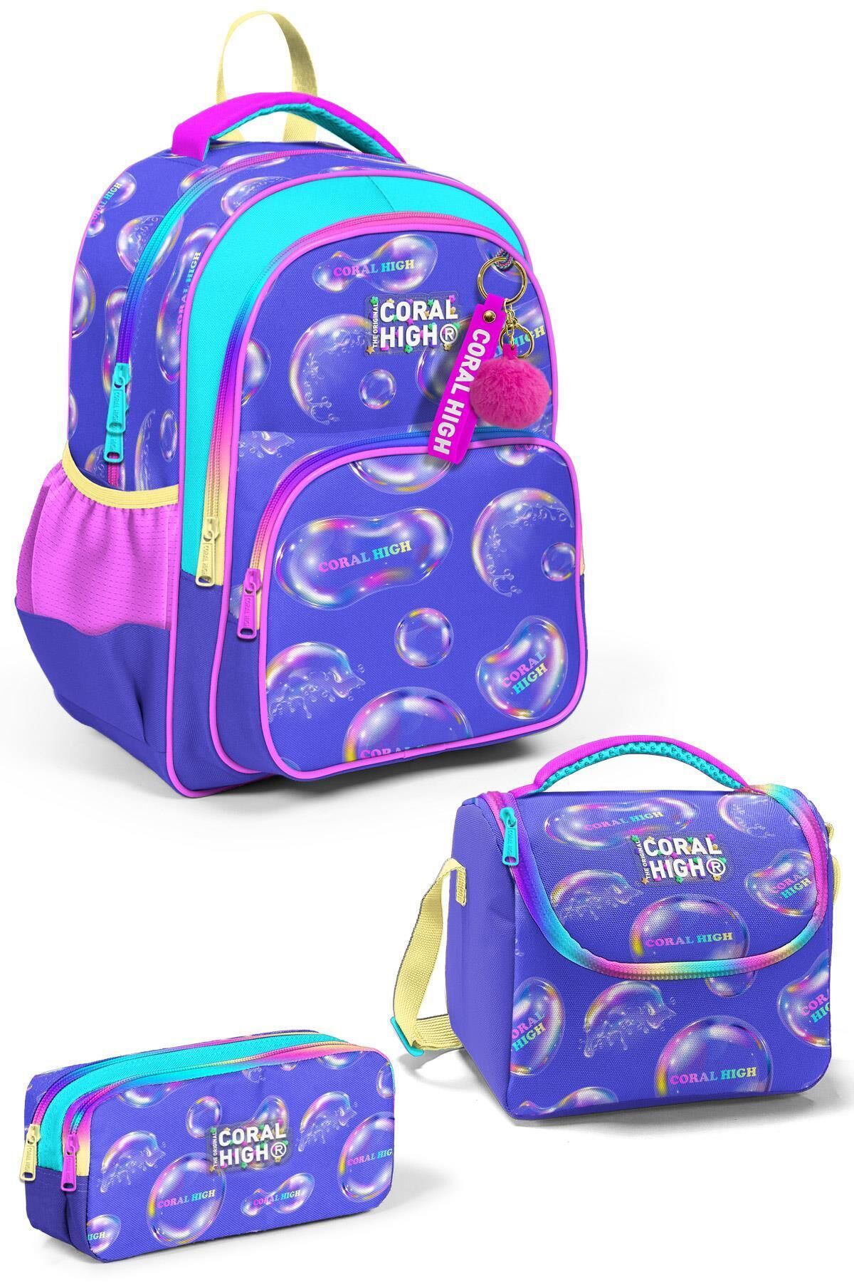 Kids Mor Pembe Unicorn Deniz Kızı Desenli 3'lü Okul Çanta Seti SET0123657 Lavanta Sarı
