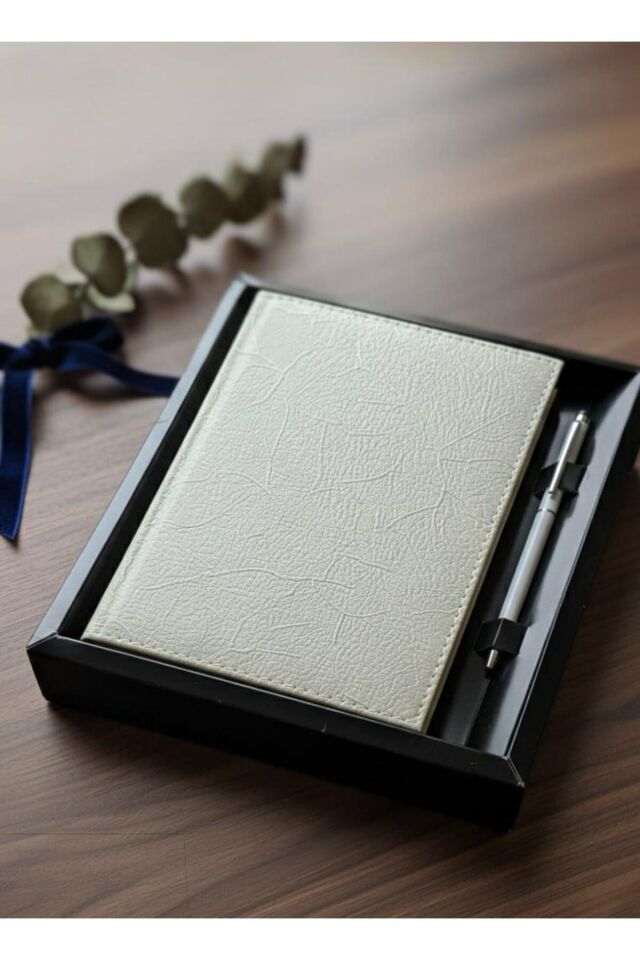 Lizy Deri Dokulu Şık Defter & Kalem Seti – 14x20cm Krem