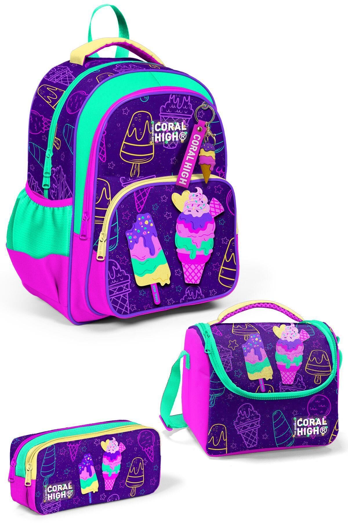 Kids Mor Pembe Unicorn Deniz Kızı Desenli 3'lü Okul Çanta Seti SET0123657 Mor Renkli