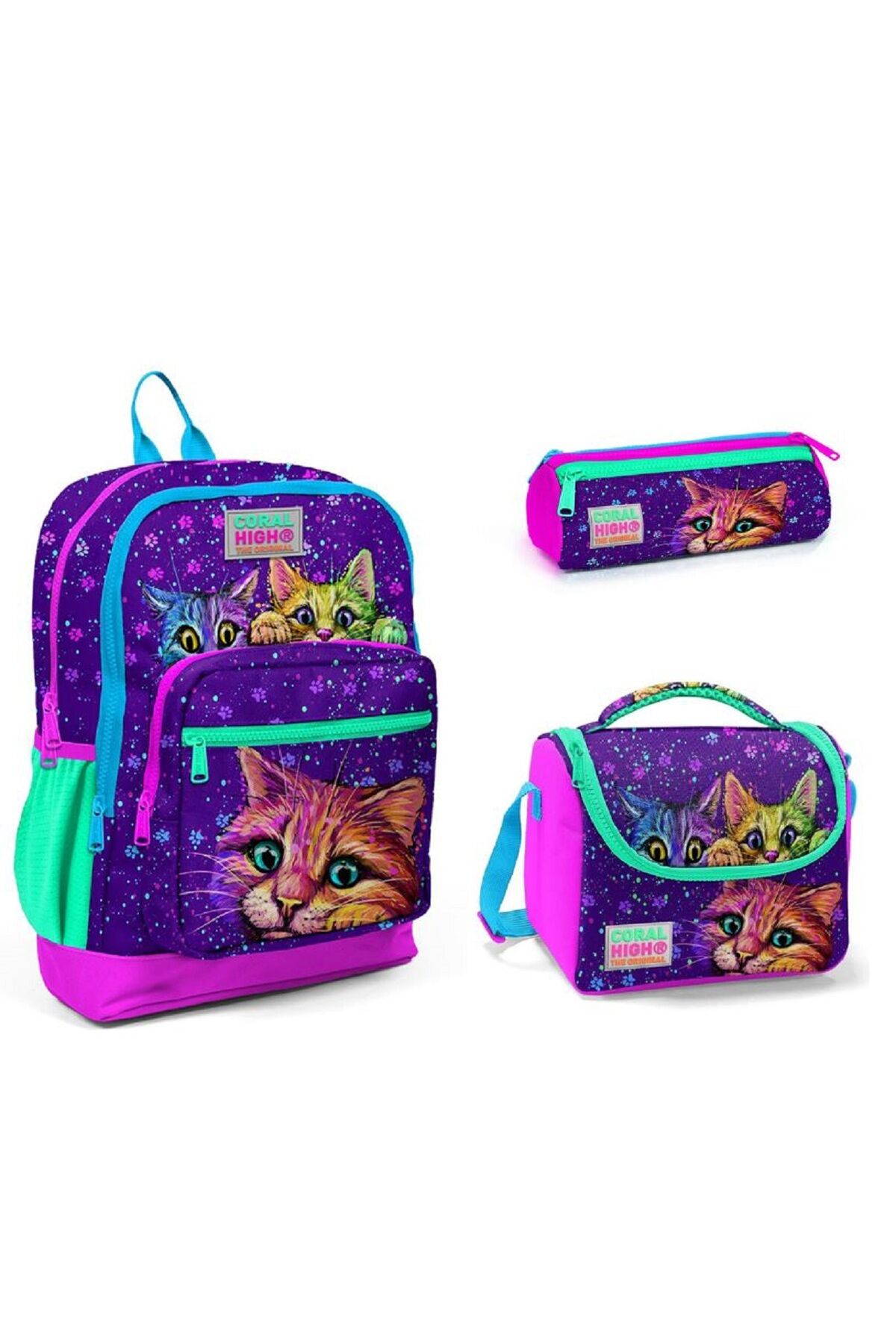CORAL HİGH Kardeş Kedicikler Temalı ilkokul çanta seti- ÜÇ PARÇALI SET