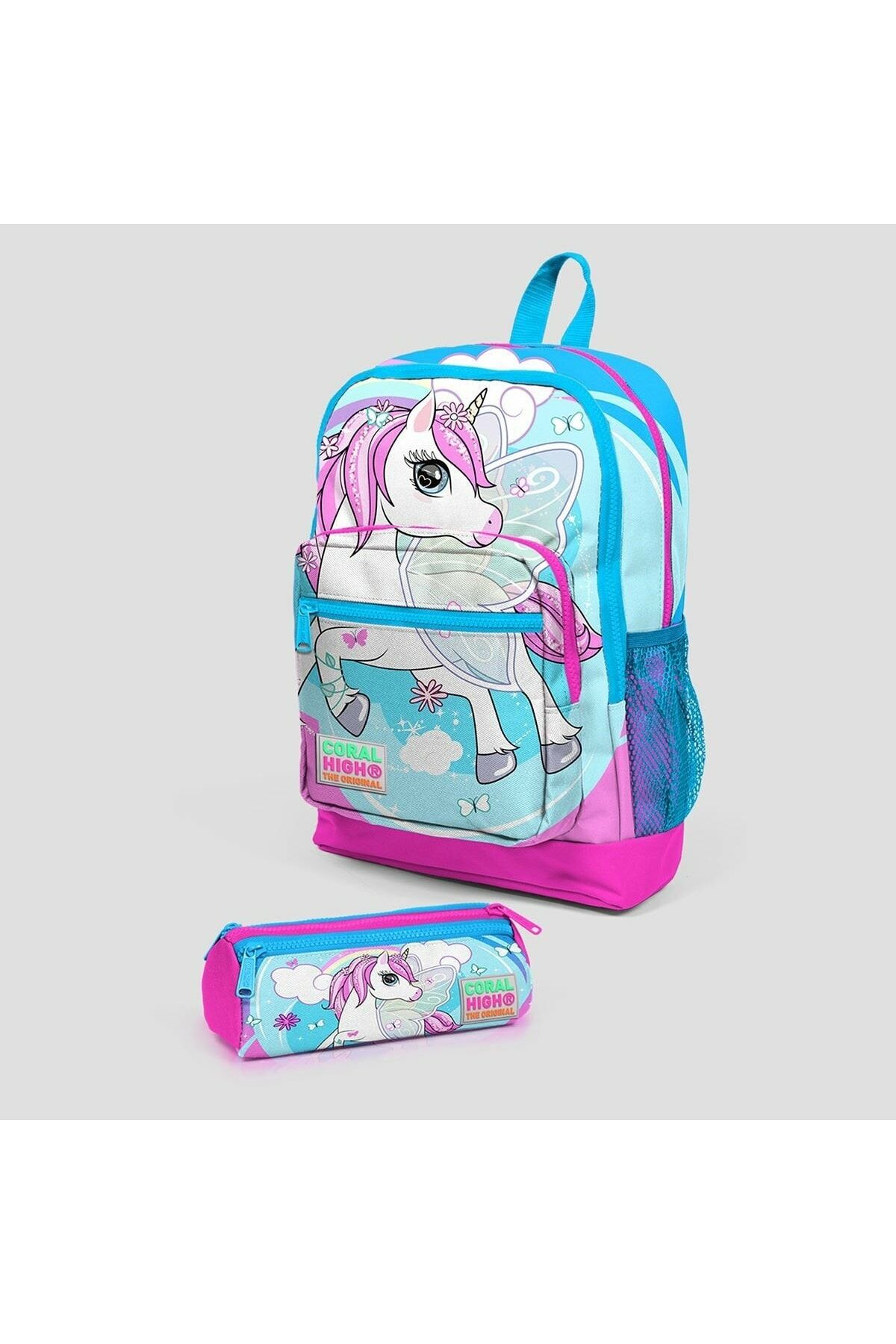 Kids Mor Pembe Unicorn Desenli Dört Bölmeli Okul Sırt Çantası Ve Üç Bölmeli Kalem Çantas