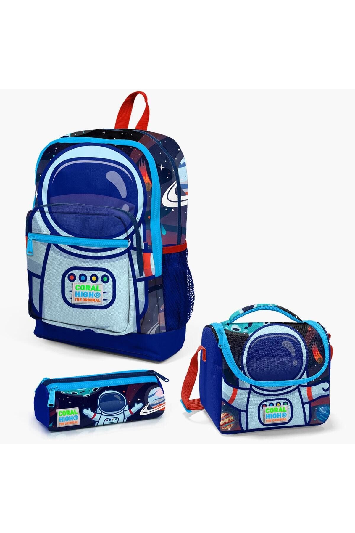 Coral High Kids Saks Mavi Astronot Desenli 3’lü Okul Çanta Seti