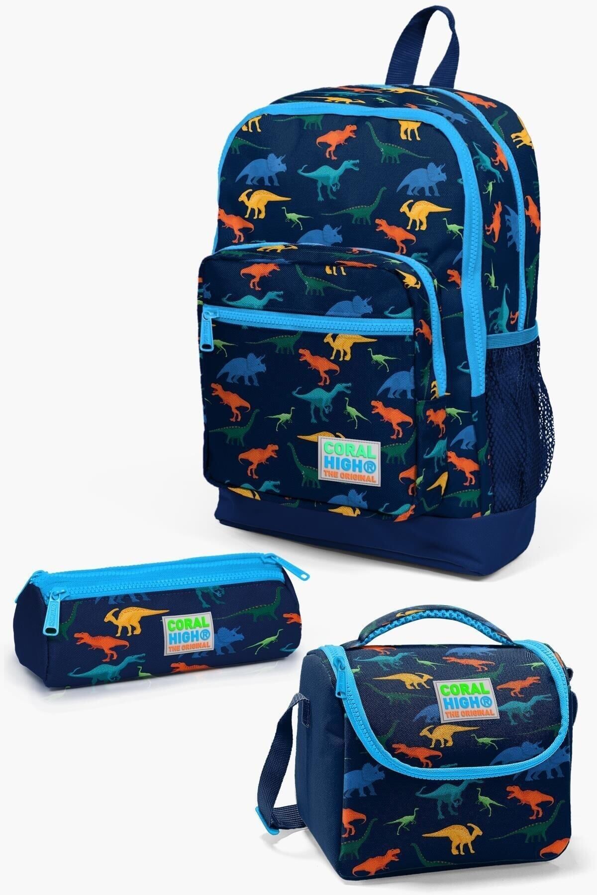 Kids Lacivert Mavi Dinazor Desenli 3’lü Okul Çanta Seti SET0123115 Lacivert
