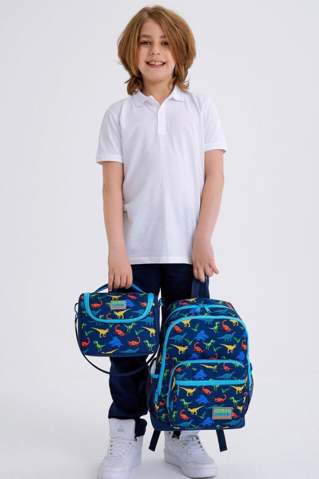 Kids Lacivert Mavi Dinazor Desenli 3’lü Okul Çanta Seti SET0123115 Lacivert