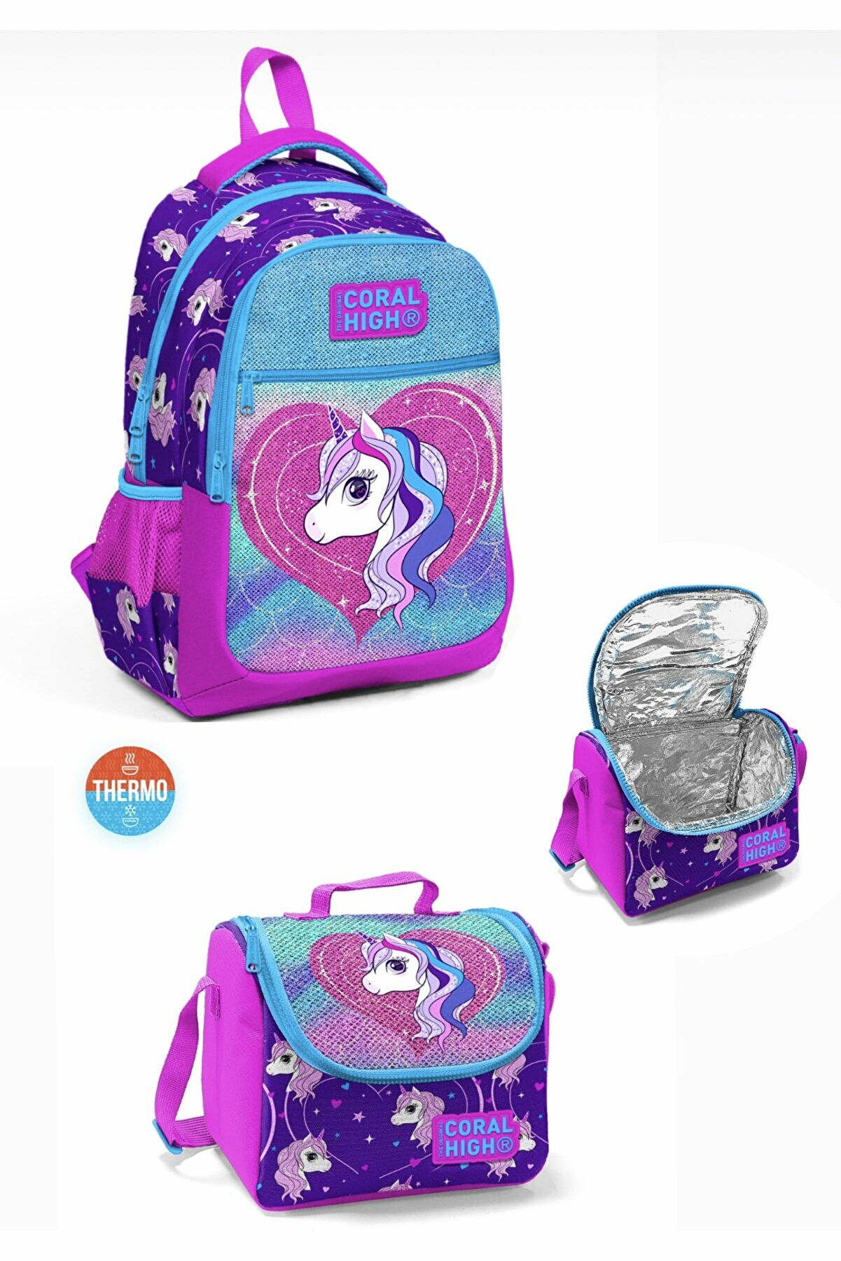 Orjinal Coral High Marka Unicorn Çanta Set Ilkokul Çantası Beslenme Çantası