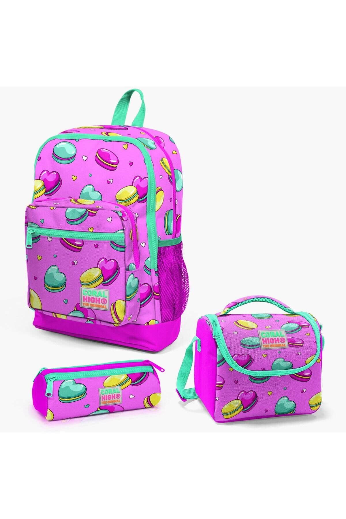 Coral High Kids Açık Pembe Su Yeşili Makaron Desenli 3’lü Okul Çanta Seti