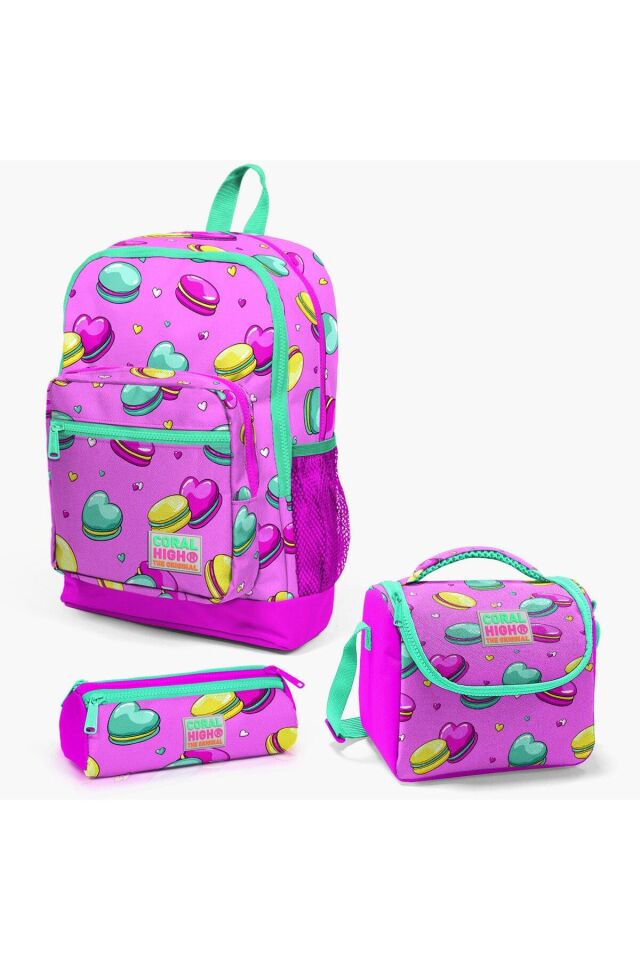 Coral High Kids Açık Pembe Su Yeşili Makaron Desenli 3’lü Okul Çanta Seti