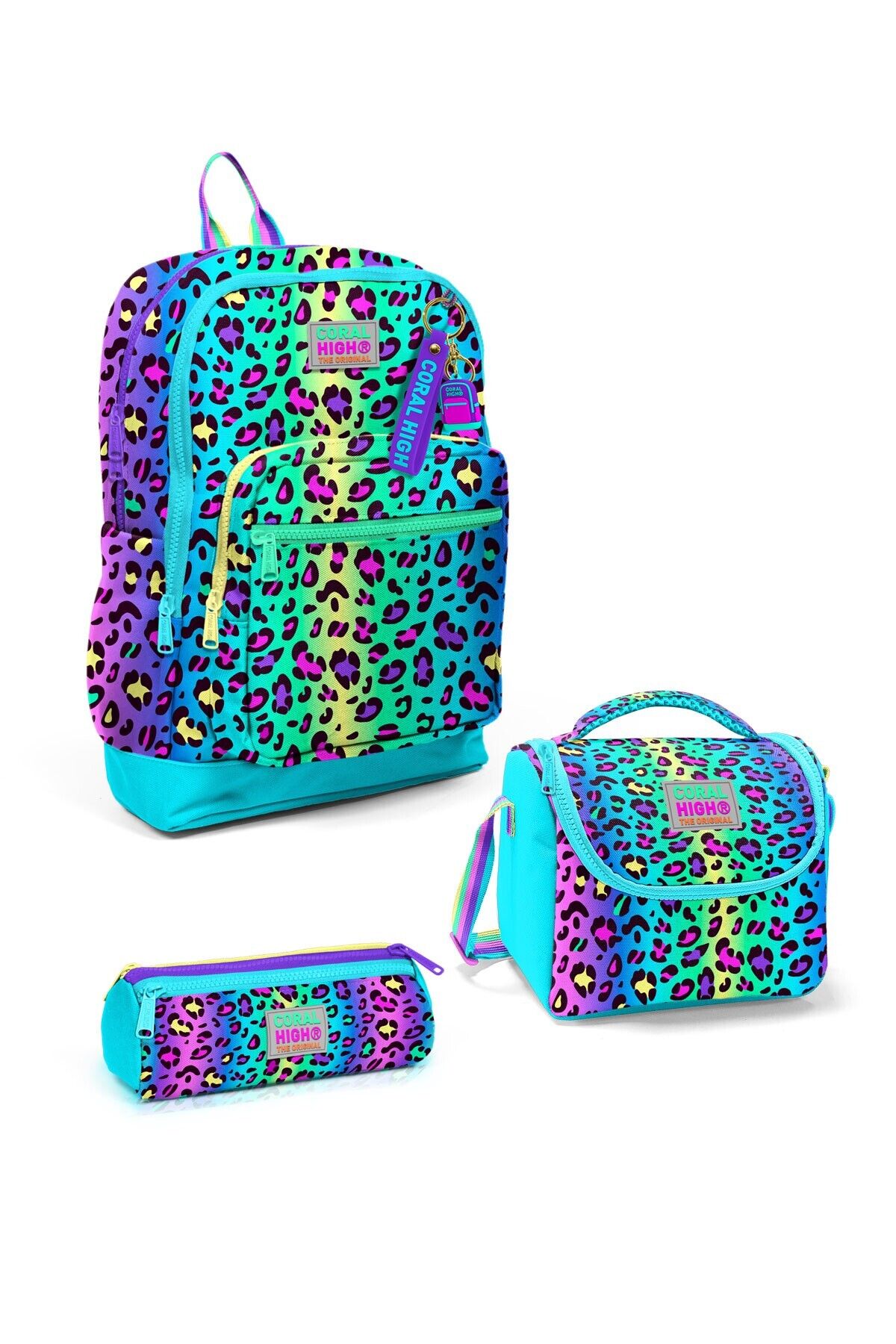 Kids Yeşil Kahverengi High Craft Desenli 3 lü Okul Çanta Seti SET0123776 Renkli Leopar