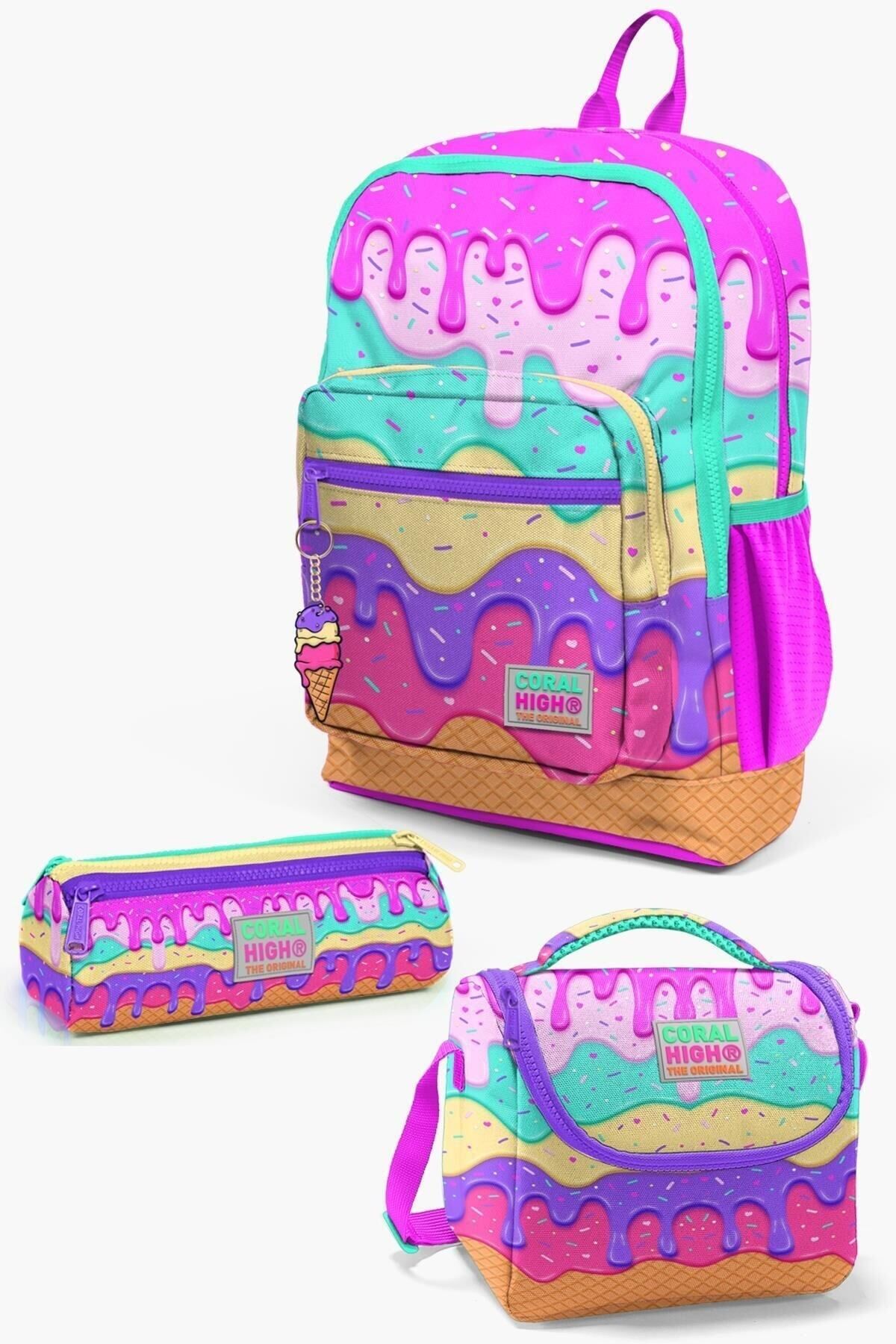 Hayır Kids Pembe Rengarenk Dondurma Desenli 3’lü Okul Çanta Seti SET0123731 Back to School Type 4 B Pembe