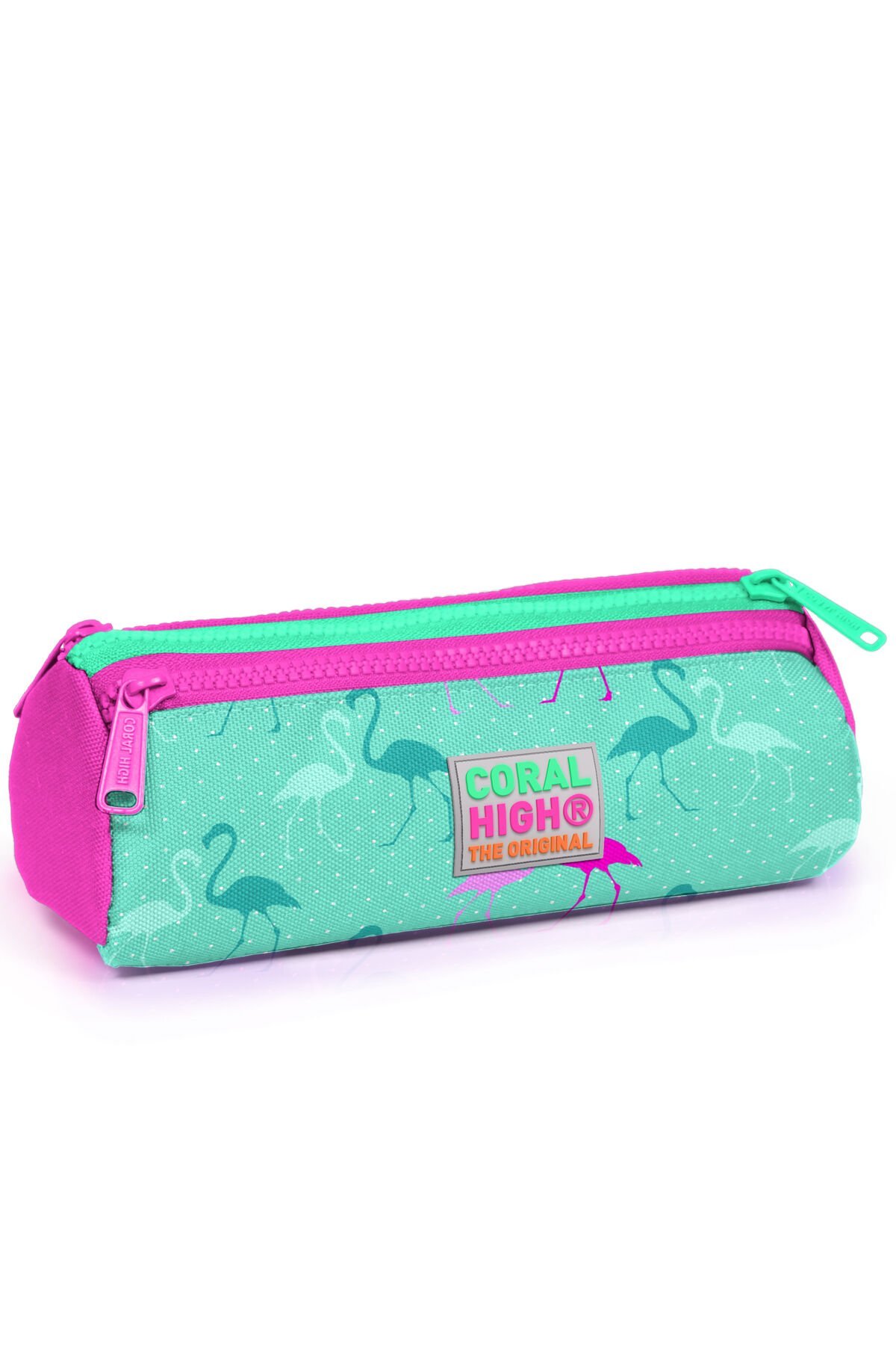 Kids Su Yeşili Neon Pembe Flamingo Desenli Üç Bölmeli Kalem Çantası 22315