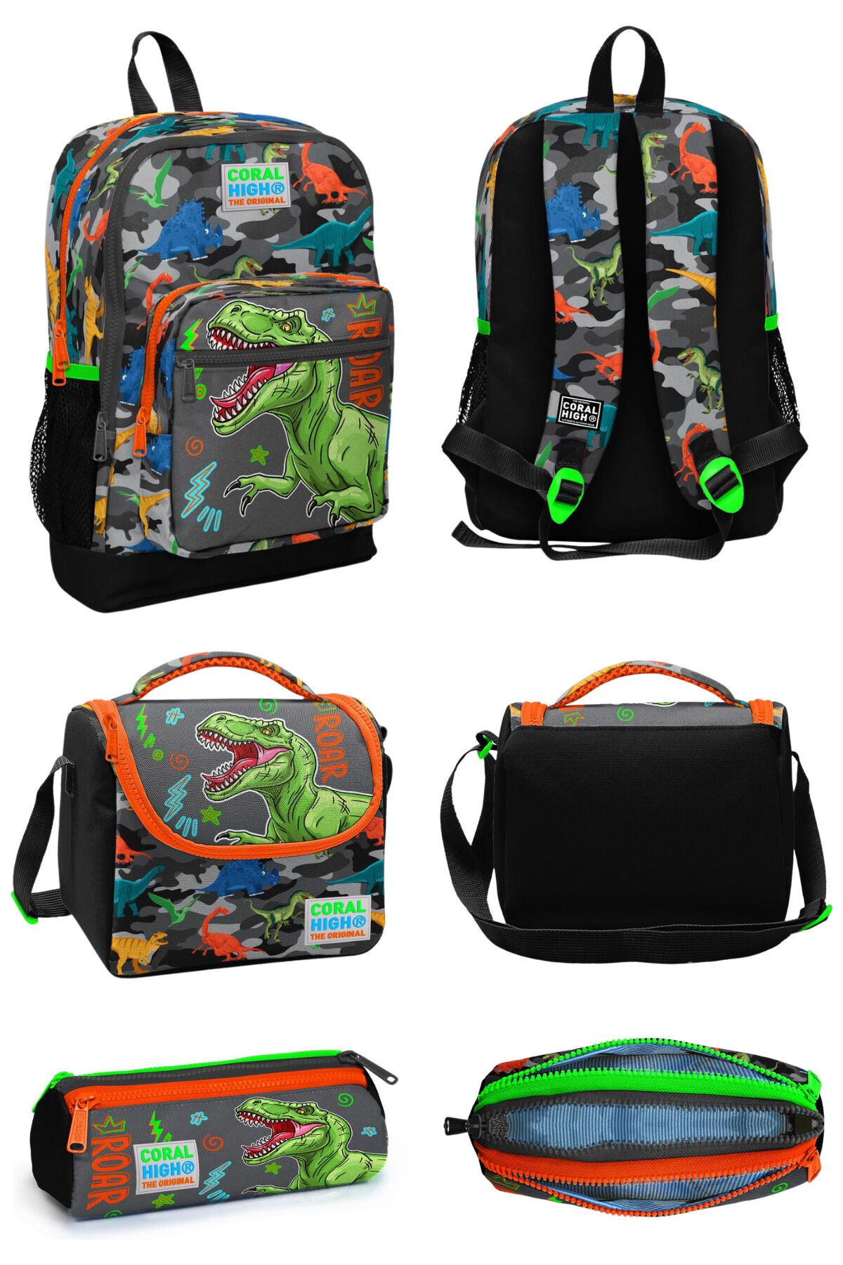 Siyah Gri Dinozor Desenli Dört Bölmeli Okul Sırt Çantası Beslenme Çantası Kalem Çantası 3'lü Set