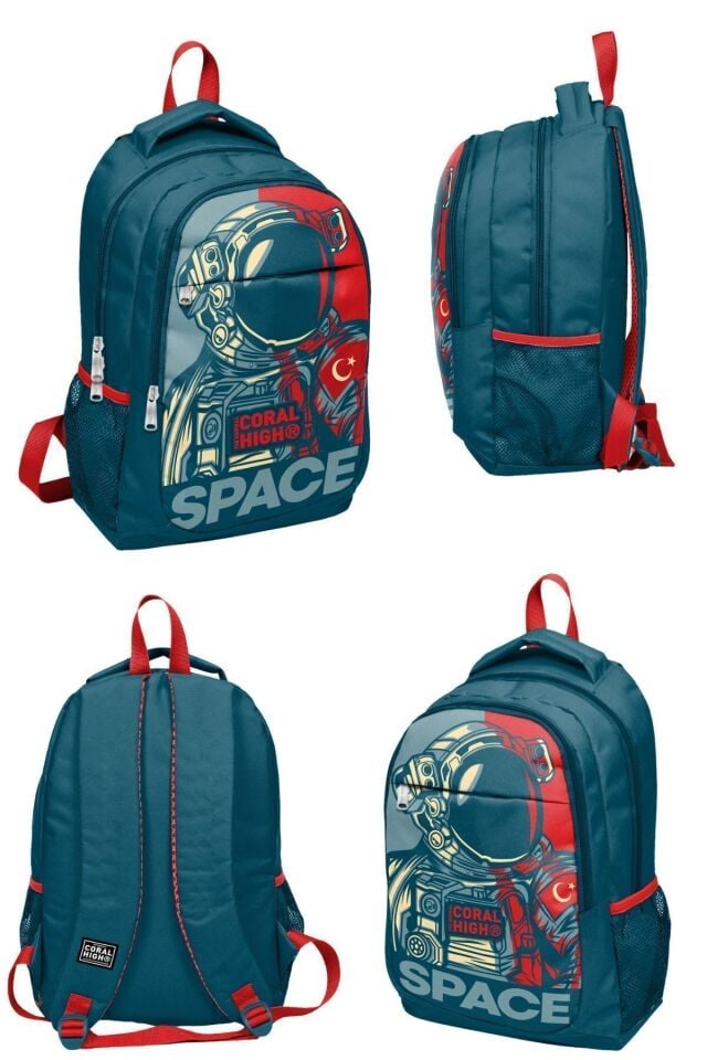 Çivit Kırmızı Astronot Desenli Üç Bölmeli Okul Sırt Çantası Beslenme Çantası Kalem Çantası 3'lü Set