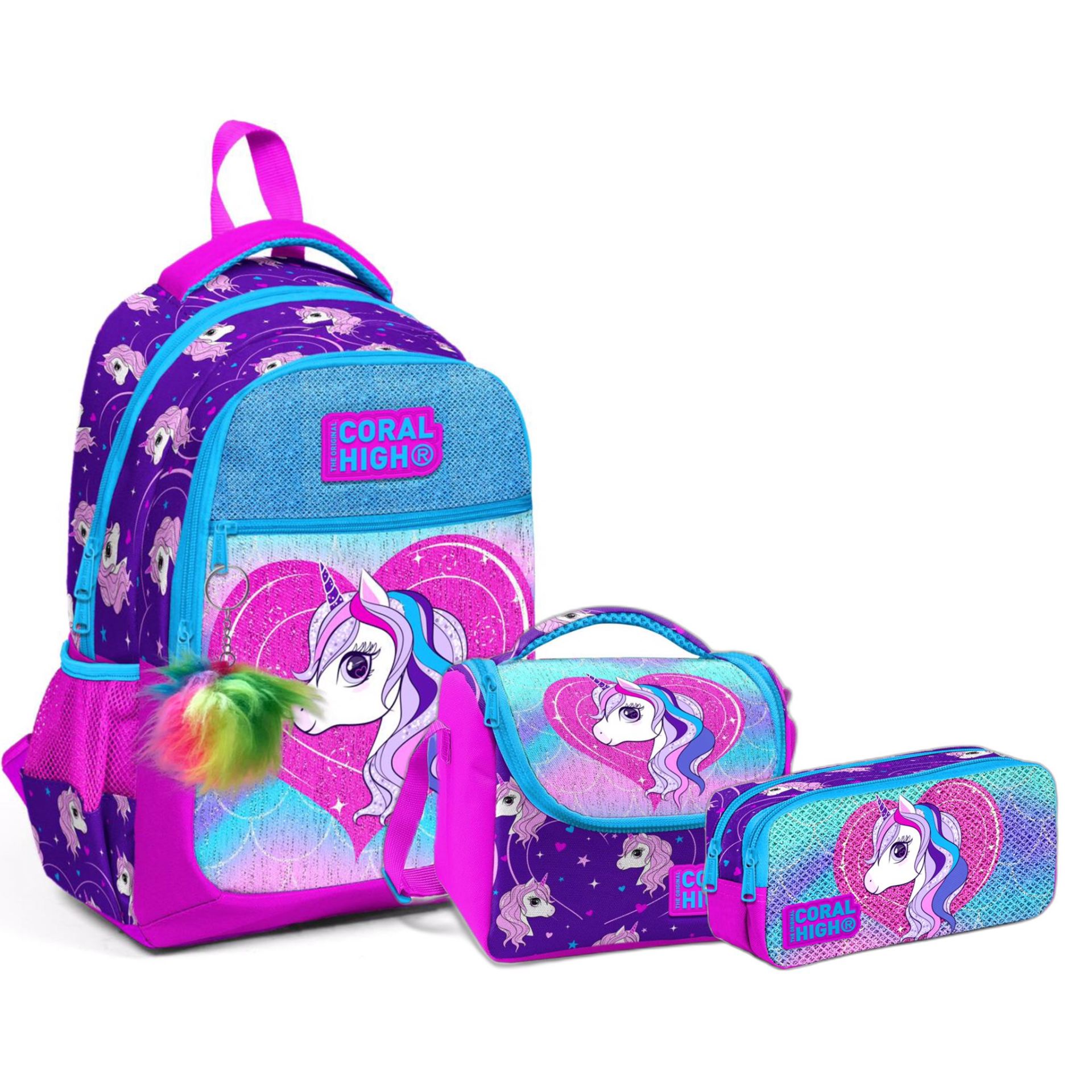 Coral High Adalinhome Mor Pembe Unicorn Desenli Simli 3 Bölmeli Çanta Seti