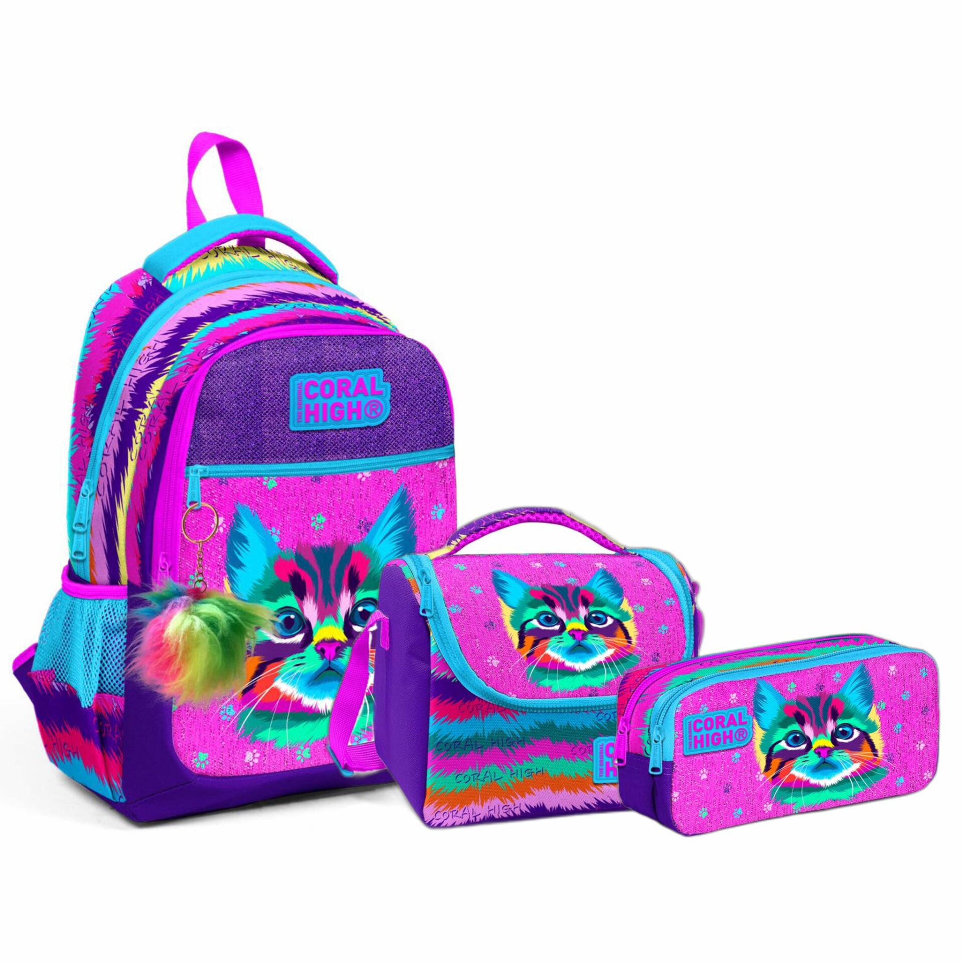 Coral High Adalinhome Mor Pembe Kedi Desenli 3 Bölmeli Çanta Seti