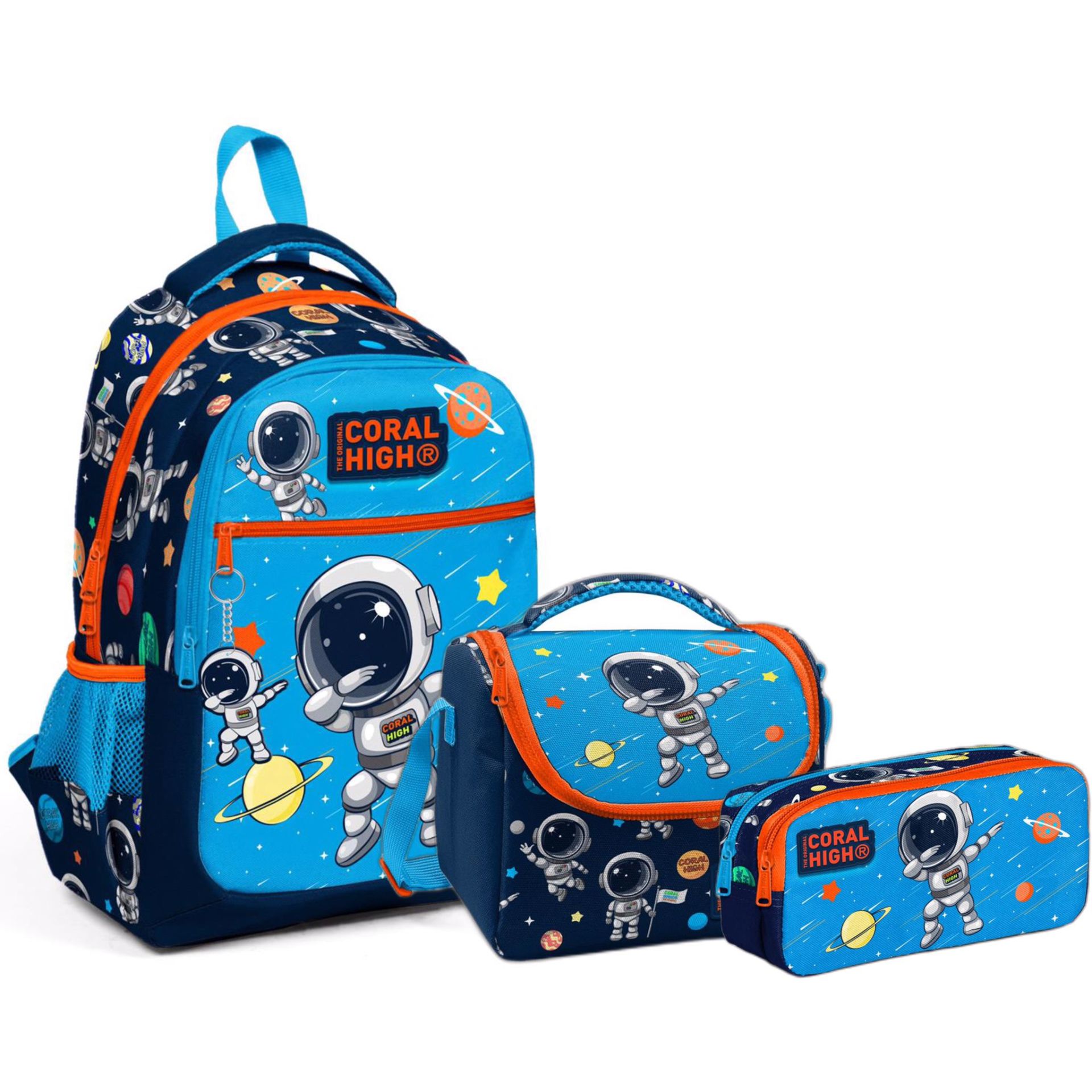 Coral High Adalinhome Lacivert Mavi Astronot Desenli 3 Bölmeli Çanta Seti