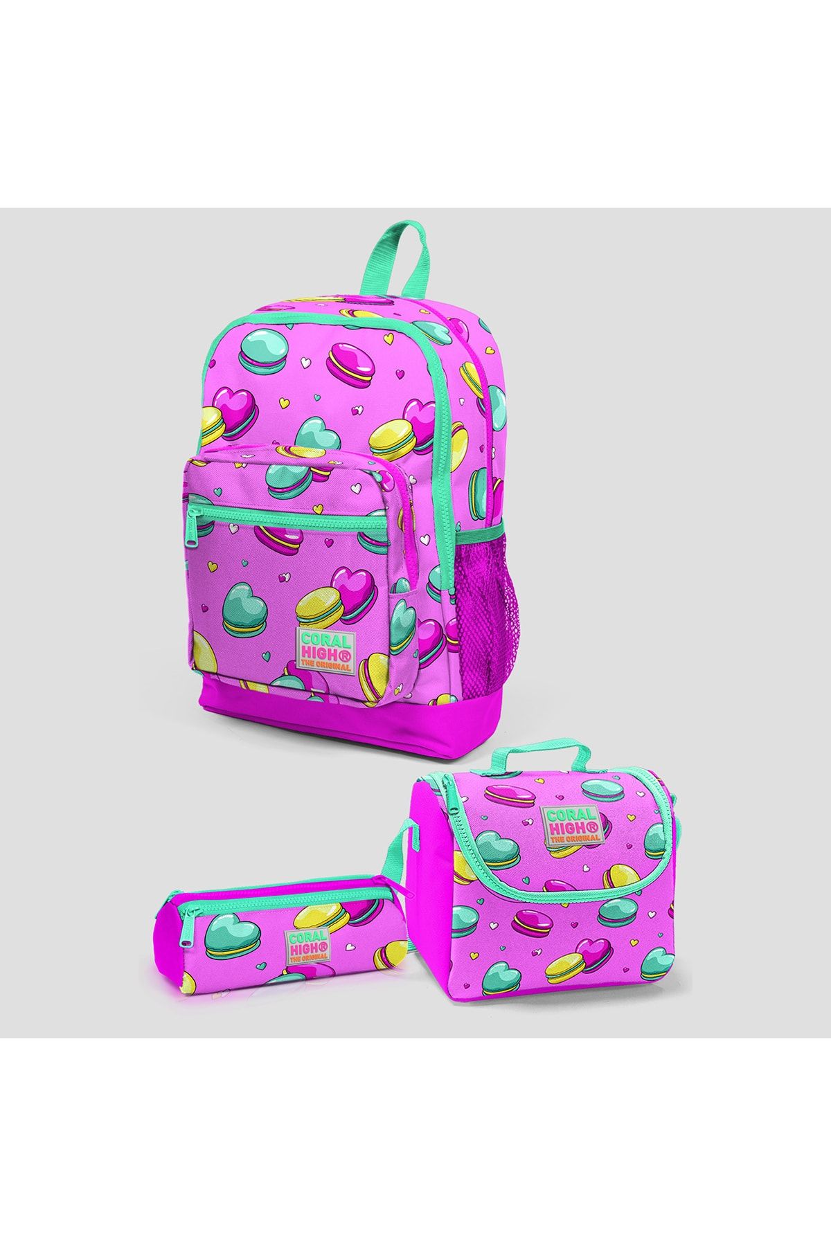 Kids Açık Pembe Makaron Desenli Dört Bölmeli 3'lü Çanta Seti 23462set02