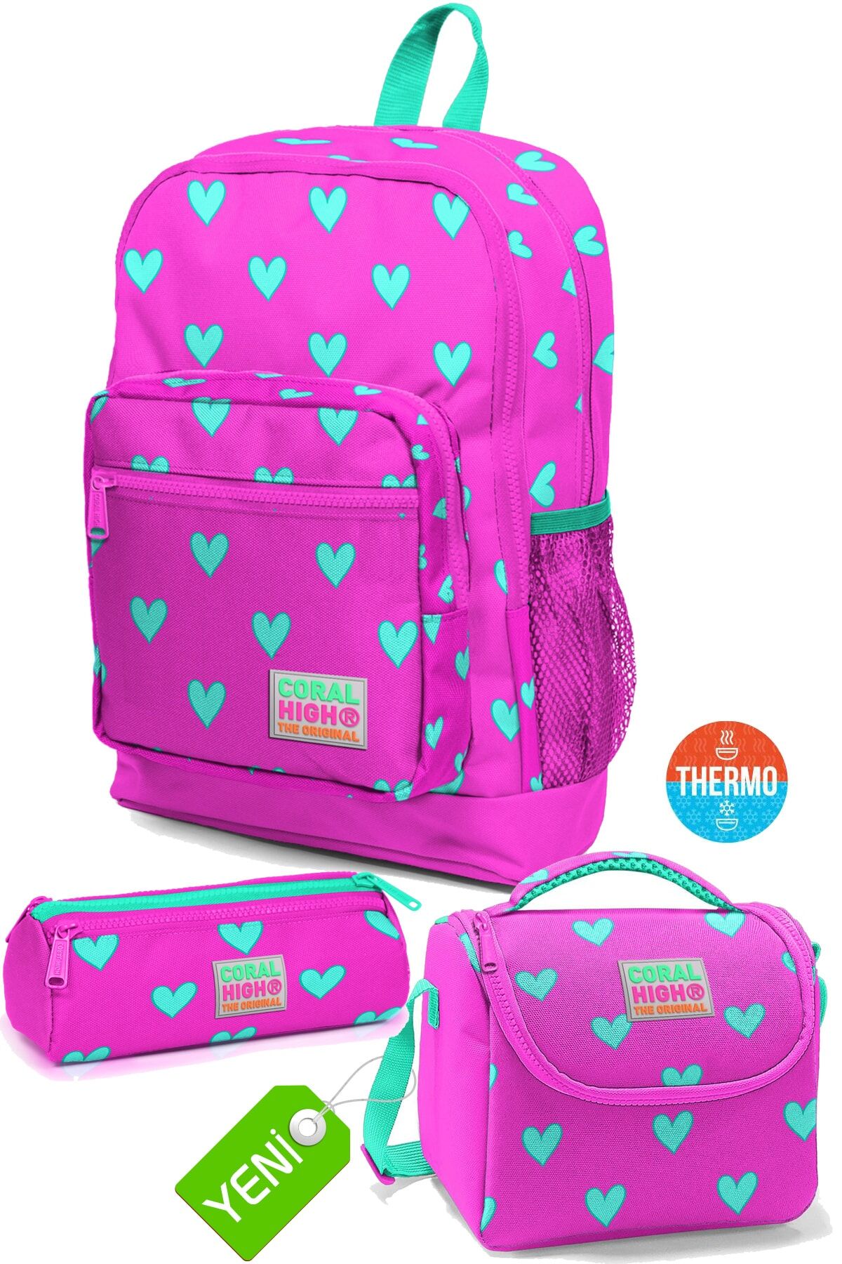 Neon Pembe Su Yeşili Kalp Desen Okul Sırt Çantası, thermo Beslenme, kalem Çanta 3'lü Set Pembe