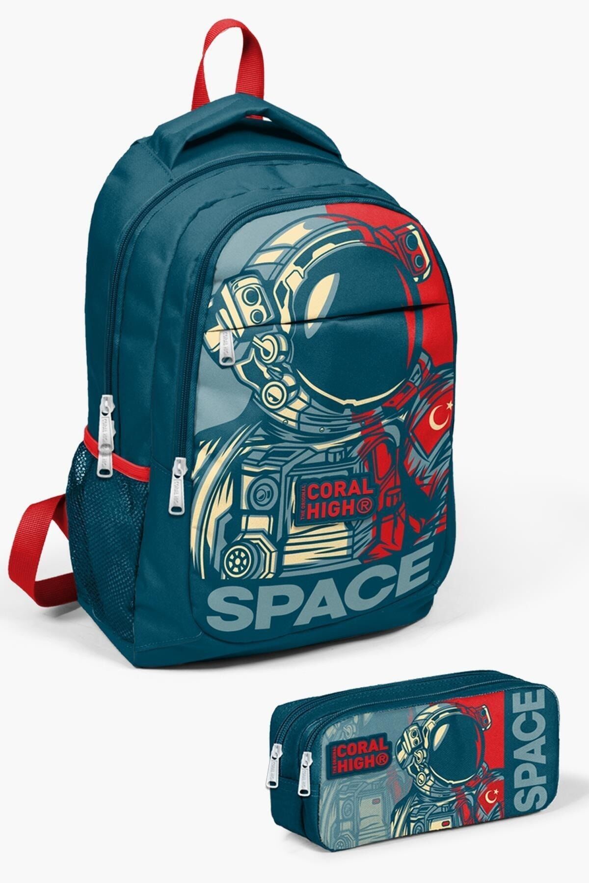 Kids Çivit Kırmızı Astronot Desenli 2'li Okul Çanta Seti SET0214389 Çivit Ve Kırmızı