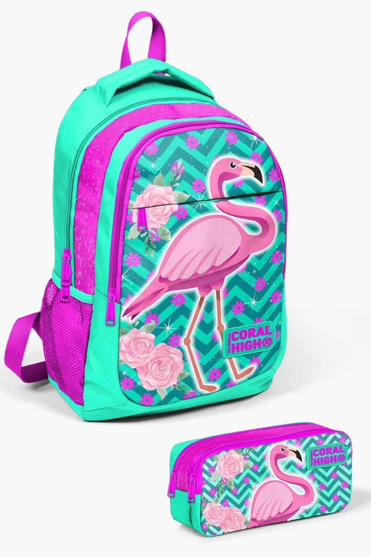 Kids Çivit Kırmızı Astronot Desenli 2'li Okul Çanta Seti SET0214389 Su Yeşili Ve Pembe