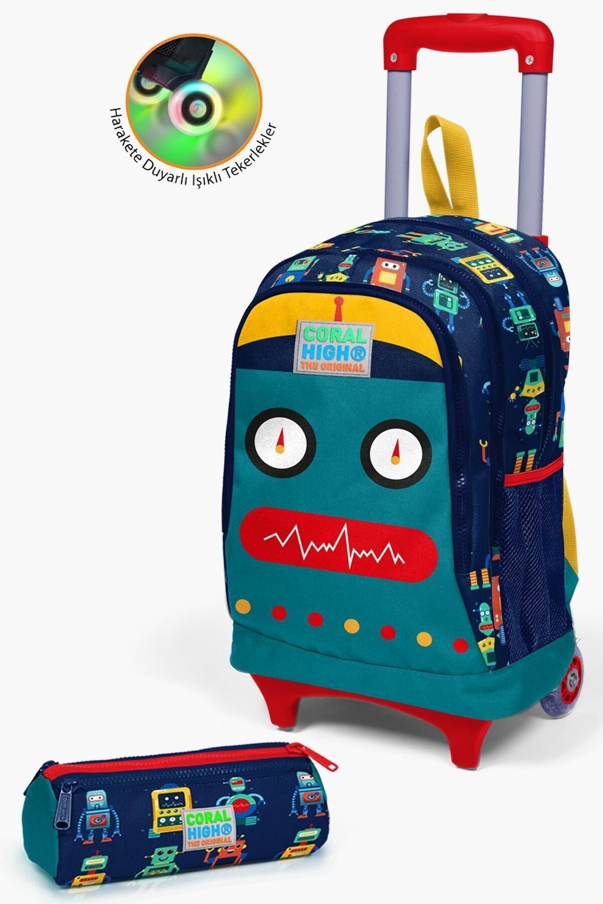 Kids Neon Pembe Su Yeşili Kalp Desenli Çekçekli 2'li Çanta Seti SET0223133 Lacivert Çivit