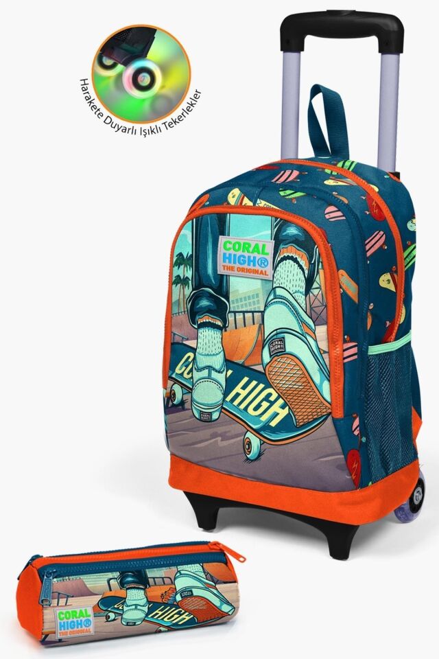 Kids Neon Pembe Su Yeşili Kalp Desenli Çekçekli 2'li Çanta Seti SET0223133 Çivit Turuncu