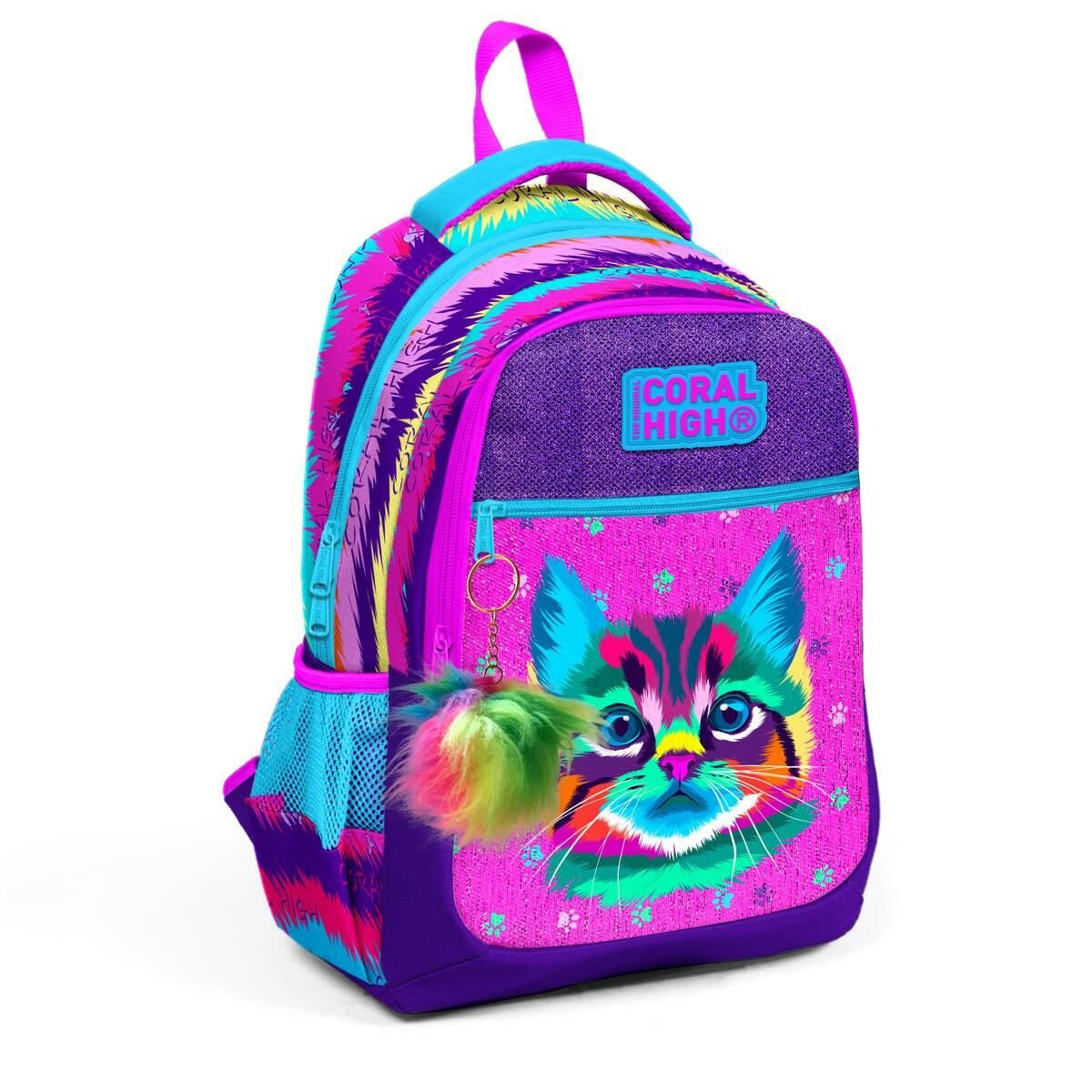 Coral High Kıds Mor Pembe Kedi Desenli Üç Bölmeli Okul Sırt Çantası 23477