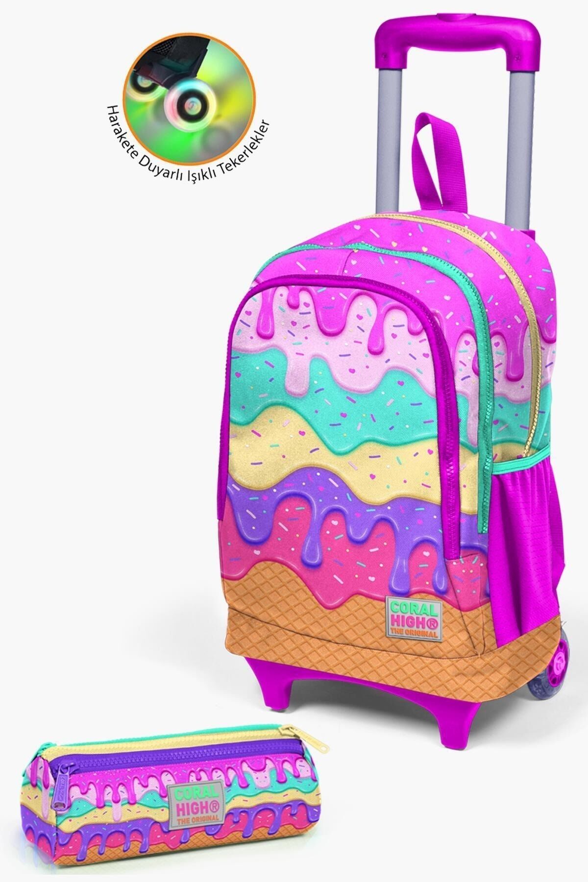 Kids Neon Pembe Su Yeşili Kalp Desenli Çekçekli 2'li Çanta Seti SET0223133 Pembe Rengarenk
