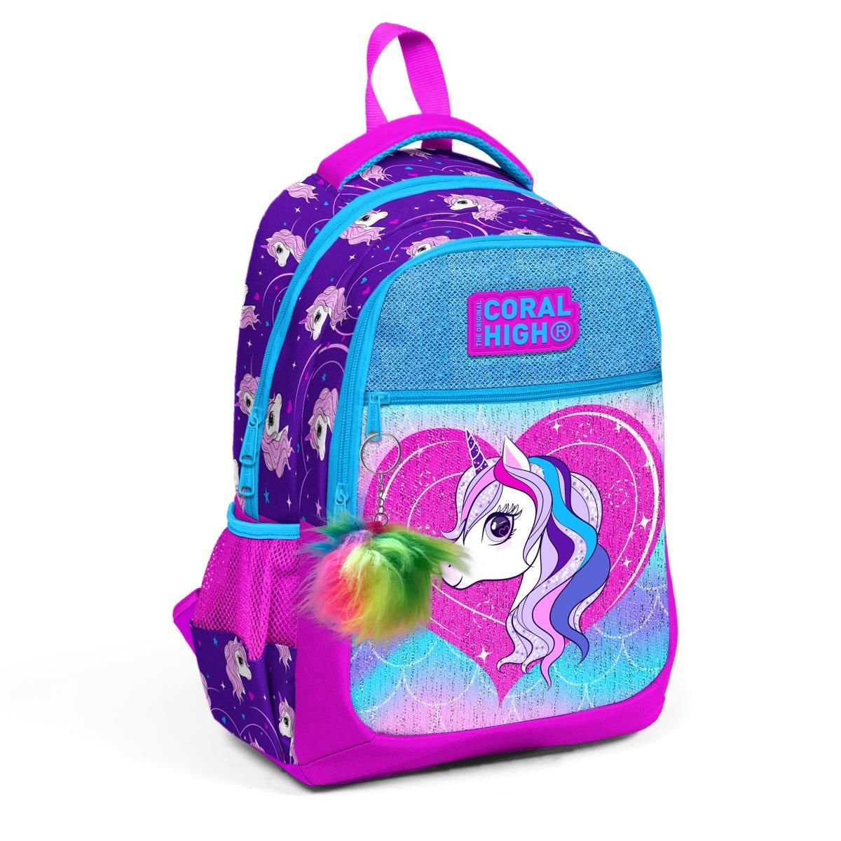 Coral High Kids Mor Pembe Unicorn Desenli Simli Üç Bölmeli Okul Sırt Çantası 23492