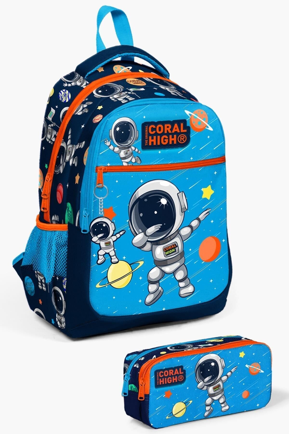 Kids Lacivert Mavi Astronot Desenli 2'li Okul Çanta Seti SET0223486 Mavi Gümüş