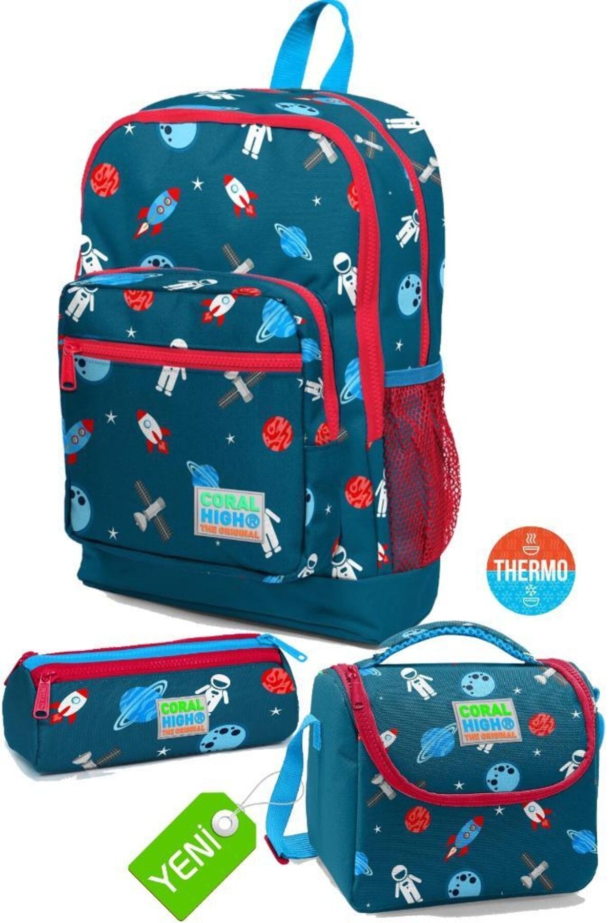 Civit Kırmızı Uzay Desenli Okul Sırt Çantası,thermo Beslenme,kalemlik, 3'lü Okul Set Go23116set02