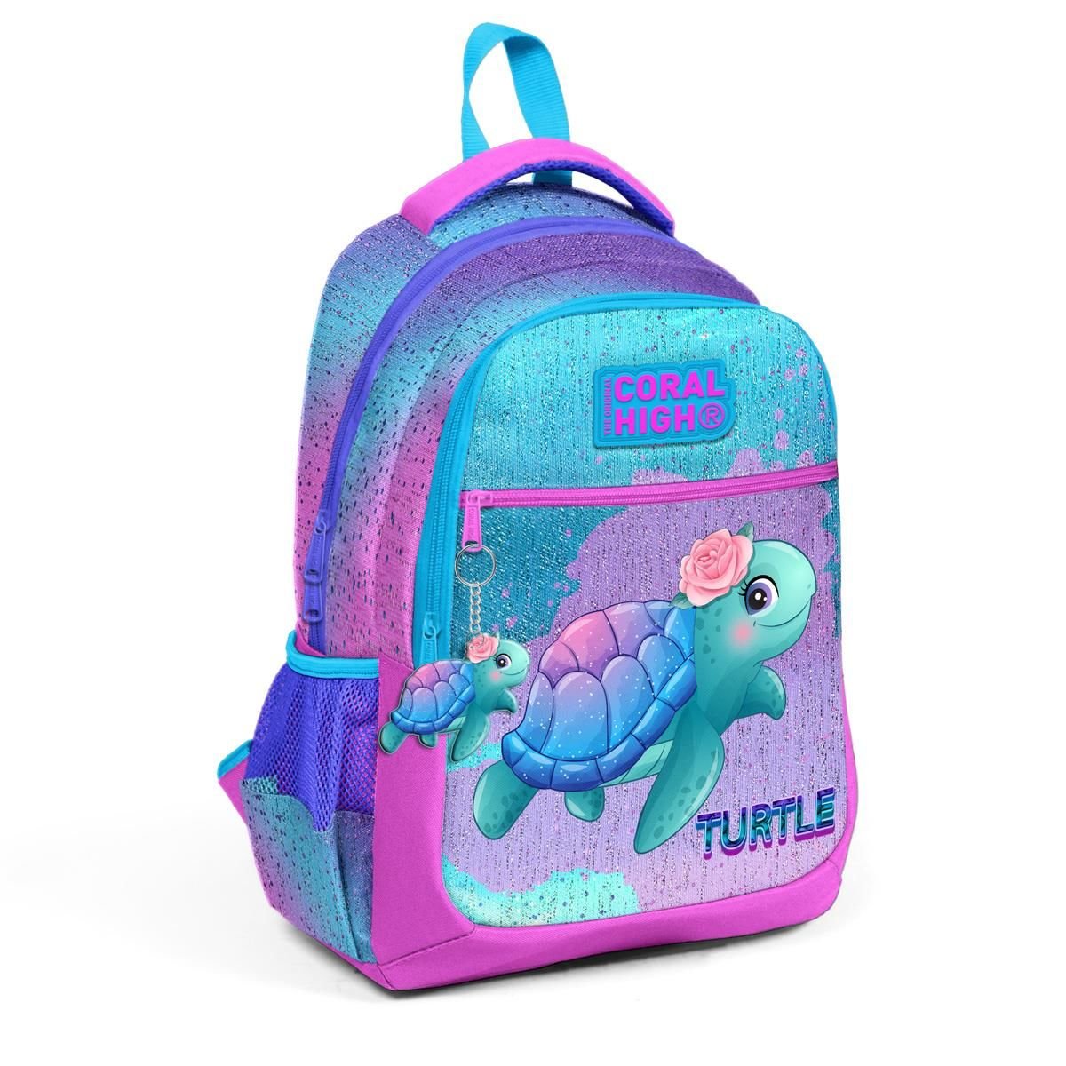 Coral High Kids Açık Pembe Mavi Kaplumbağa Desenli Üç Bölmeli Okul Sırt Çantası 23497