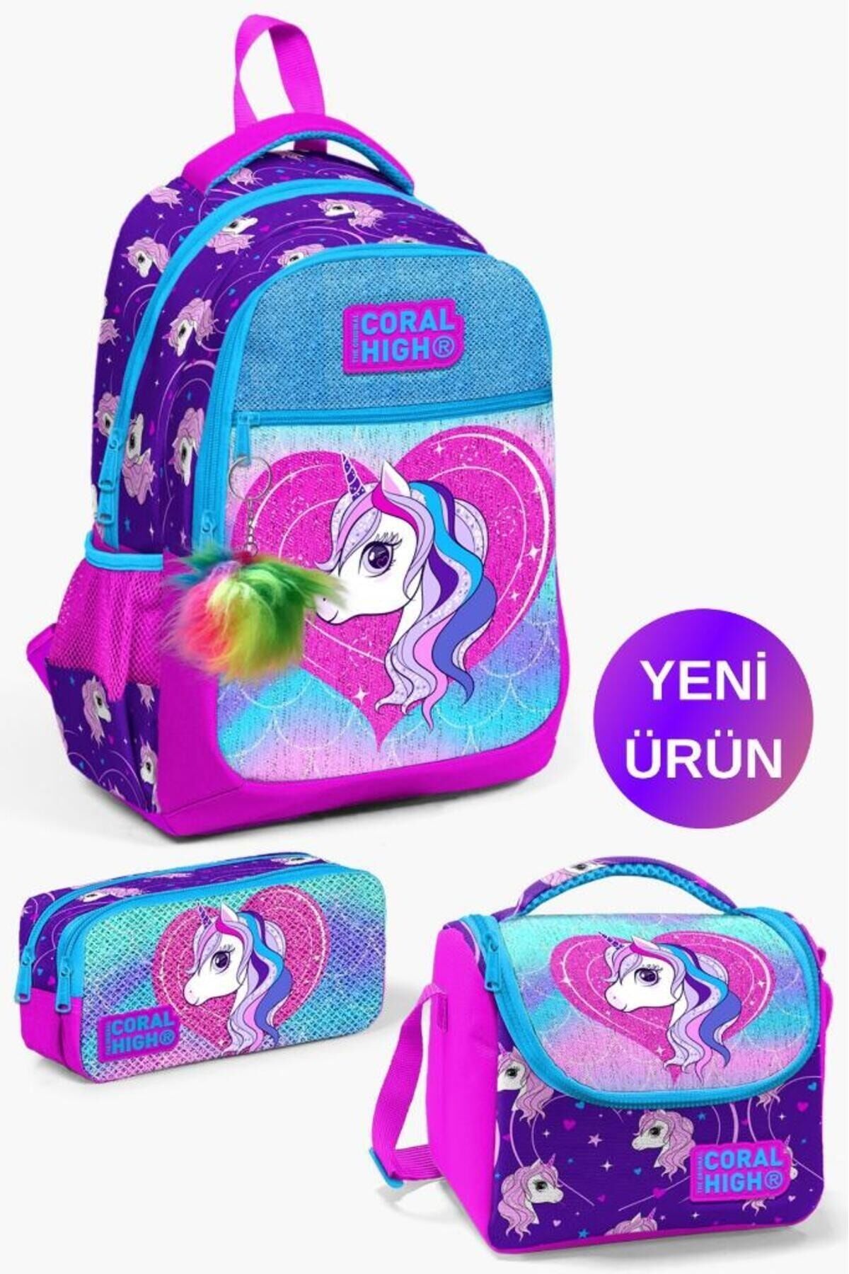 Kids Mor Pembe Unicorn Desenli 3’lü Okul Çanta Seti GOSET0123492