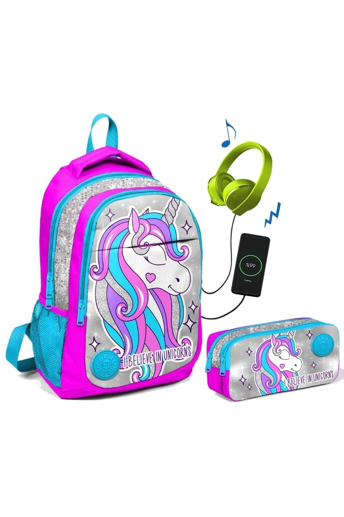 Coral High Kids Mor Unicorn Kız Çocuk Ilkokul Çantası Ve Kalemlik Seti - Usb Soketli