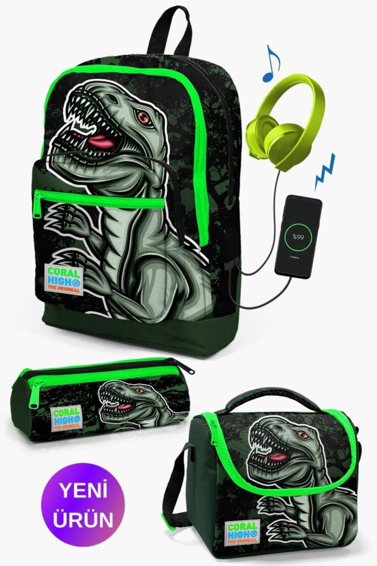 Kids Koyu Yeşil Siyah Dinazor Desenli USB'li 3’lü Okul Çanta Seti GOSET0123825