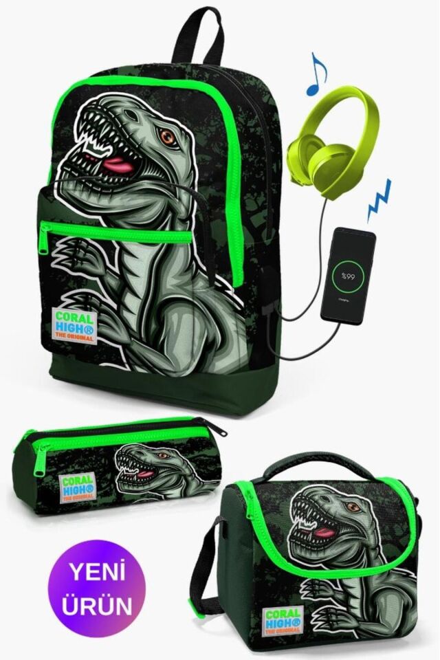 Kids Koyu Yeşil Siyah Dinazor Desenli USB'li 3’lü Okul Çanta Seti GOSET0123825