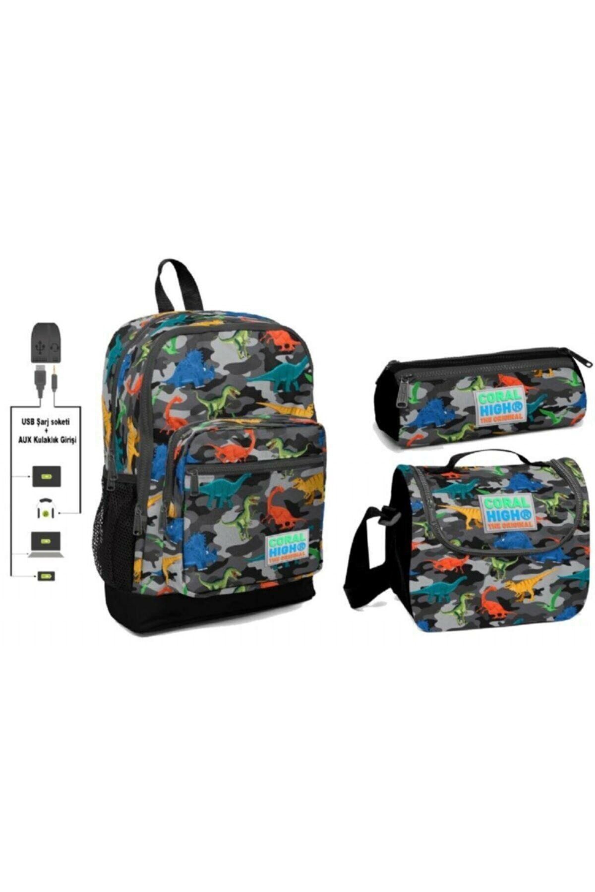 Coral High Kids Koyu Gri Siyah Kamuflaj Dinazor Desenli Dört Bölmeli USB Şarjlı Kulaklık Çıkışlı Okul Sırt Çanta Seti 3''lü 23286